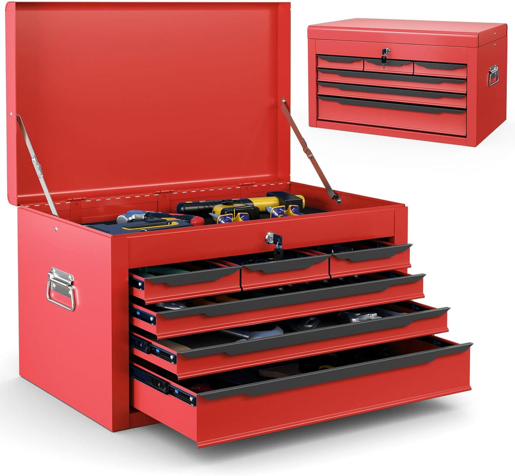 Tool Box, 6-Drawer Steel Tool Chest with Top Storage Automatic Lock & EVA Liner, Portable Tool Storage Organizer for Repair Shop Garage Warehouse (Red)