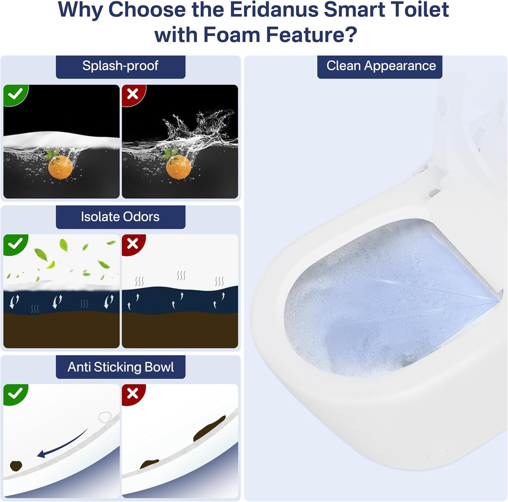 Eridanus Smart Toilet with Bidet Built in, Bidet Toilet with Auto Open/Close Lid, Cleaning Foam Dispenser, Warm Water Sprayer & Air Dryer, Foot Sensor Flush, Elongated Heated Seat, ADA Height