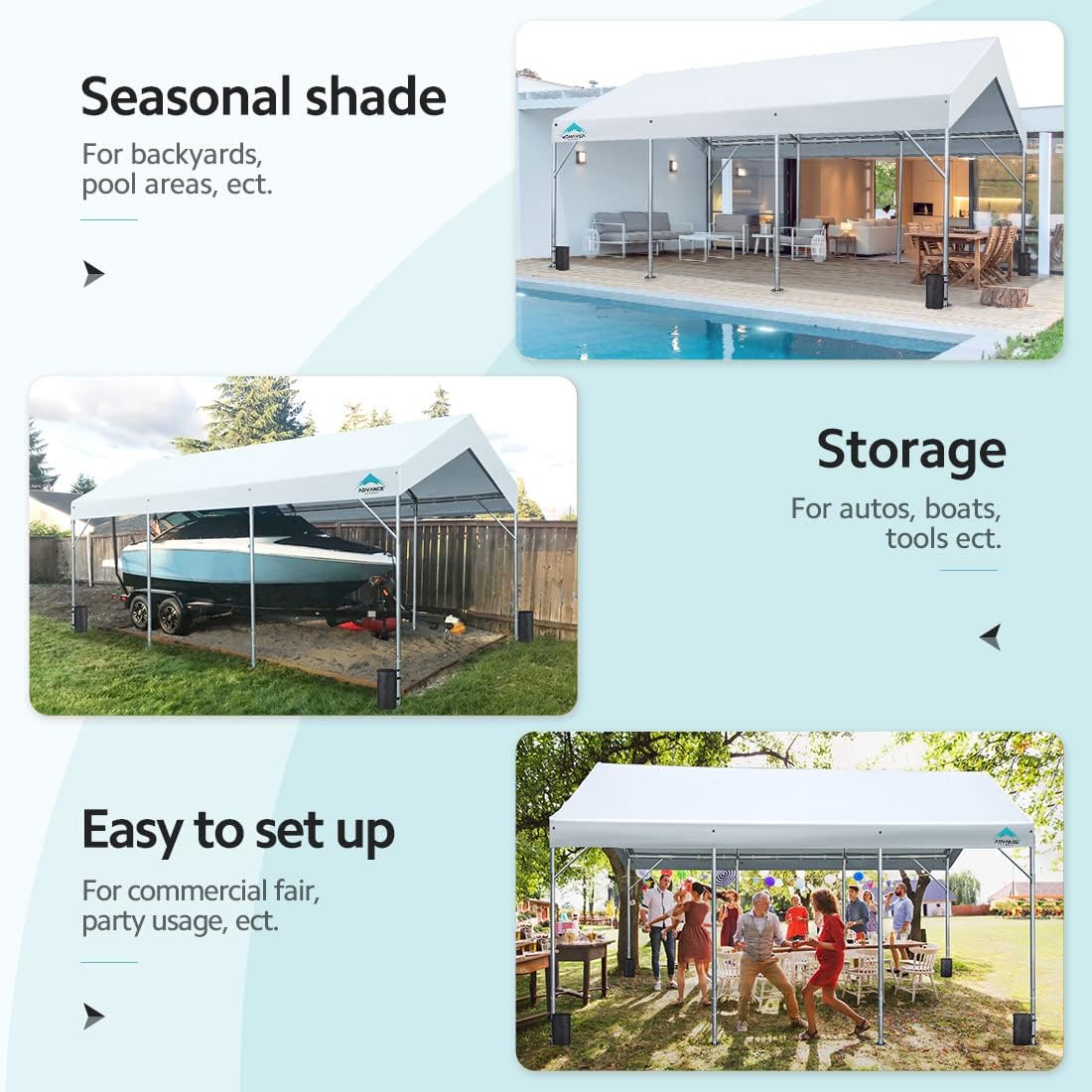 ADVANCE OUTDOOR 12x20 ft Canopy Garage Heavy Duty Carport Car Boat Shelter Party Tent, Adjustable Peak Height from 9.5ft to 11ft, White