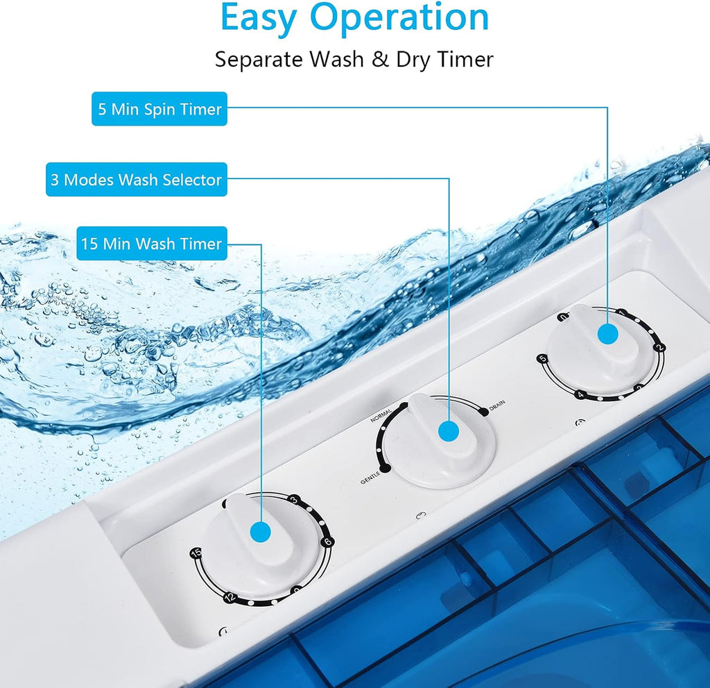 COSTWAY Portable Washing Machine, Twin Tub 26 Lbs Capacity, 18 Lbs Washer and 8 Lbs Spinner, Compact Washer with Control Knobs, Timer Function, Drain Pump, Laundry washer for Apartment RV, Blue