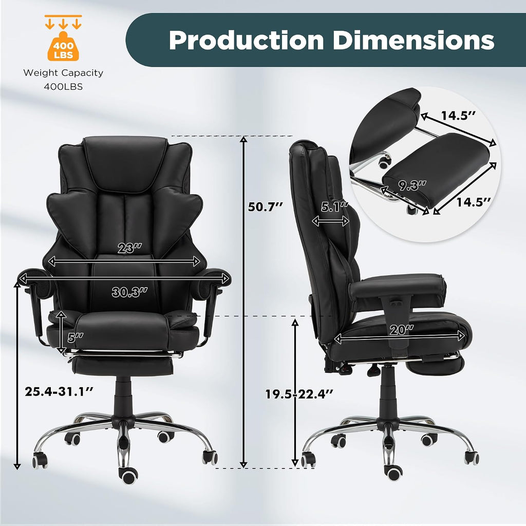 HOMREST Ergonomic Executive Office Chair with 6-Point Vibration & Heat - Reclining Managerial Chair with Adjustable Footrest and Armrests,Big and Tall Leather Home Office Desk Chairs(Black)