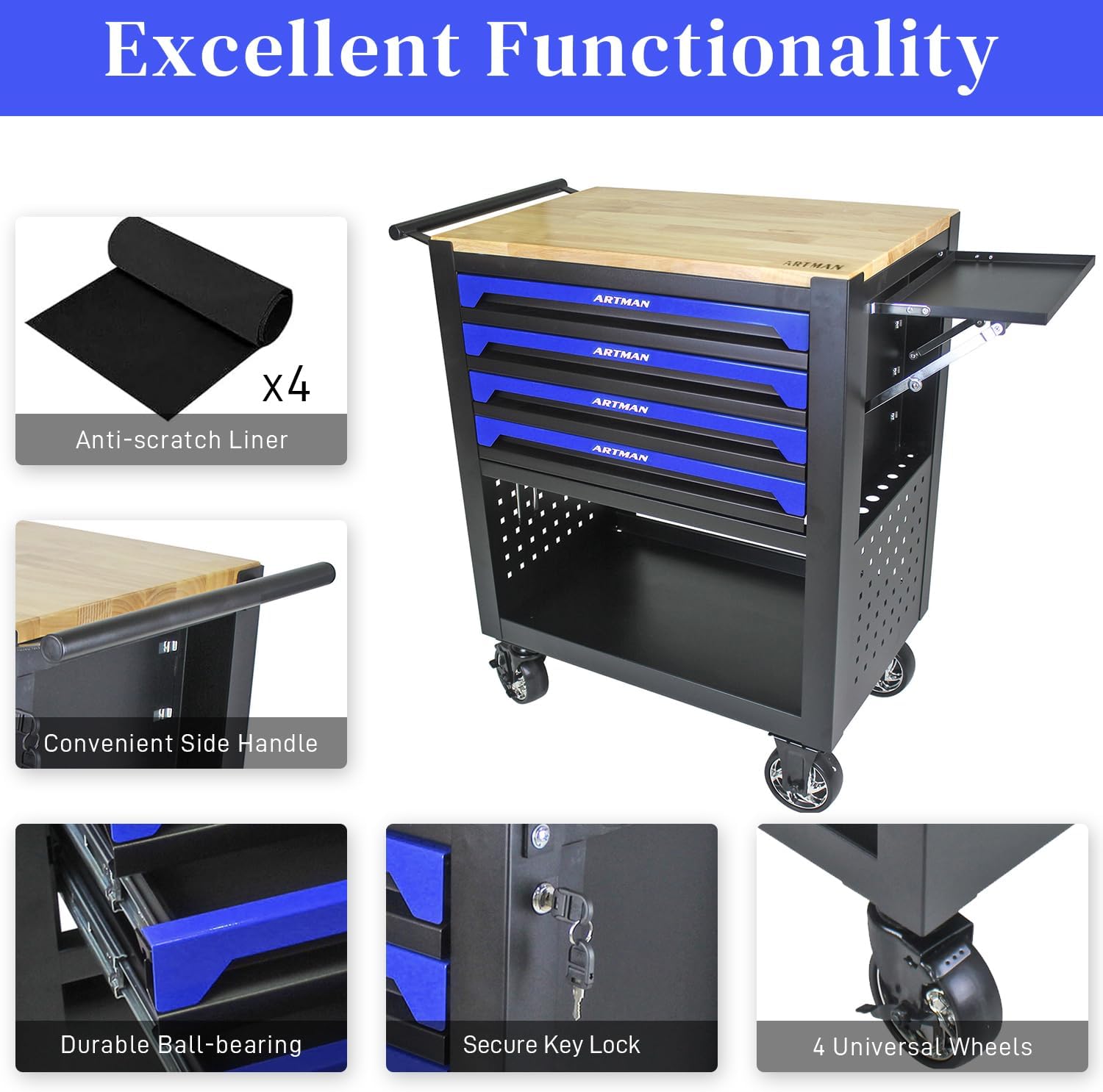 Rolling Tool Cart with 4-Drawer Wood Top Utility Tool Chest on Wheels Mechanic Tool Storage Organizer Cabinet for Garage, Warehouse, Workshop, Repair Shop (Blue)