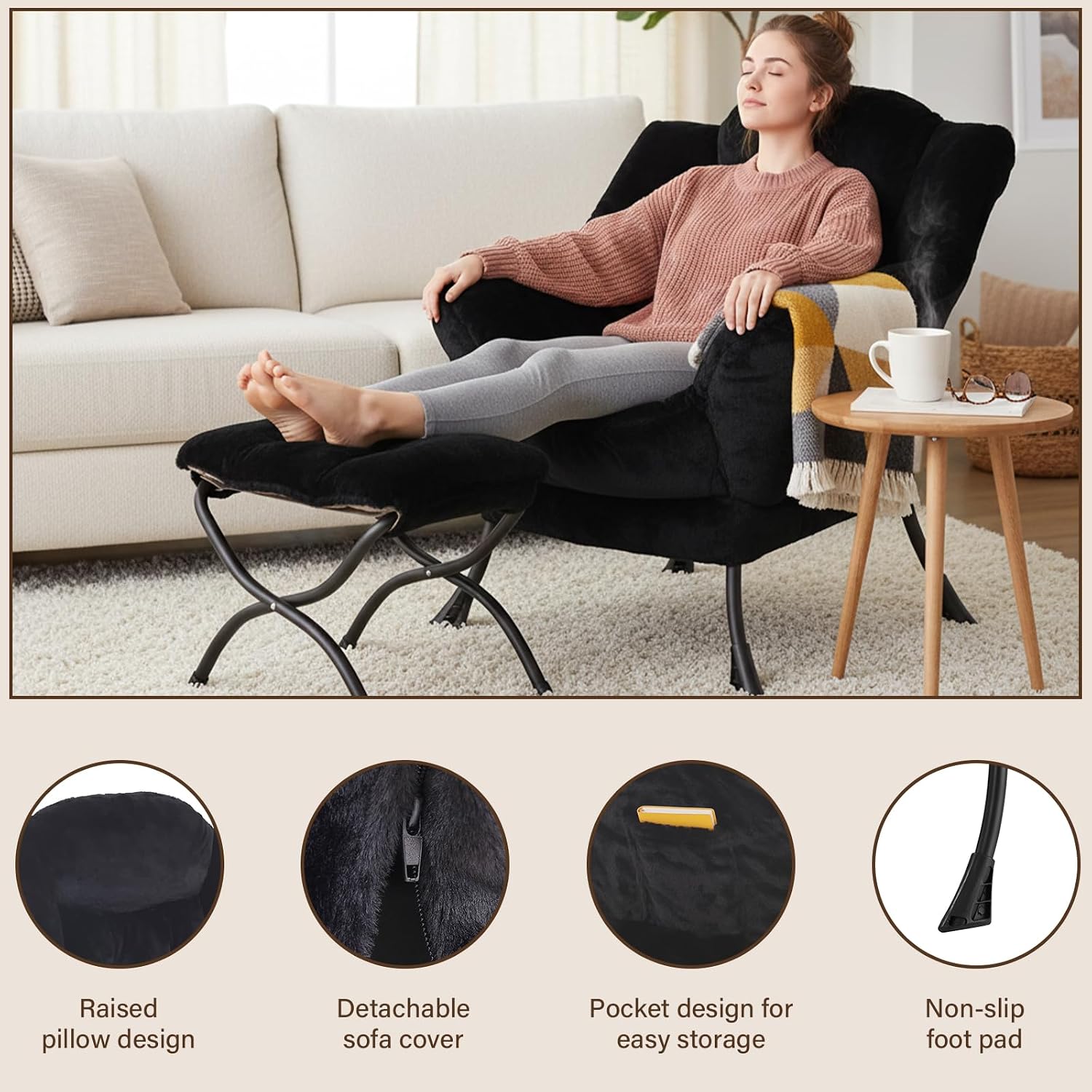 Welnow Lazy Chair with Ottoman, Modern Accent Chair with Armrests and a Side Pocket, Leisure Sofa Armchair, Reading Armchair with Footrest for Small Space, Plush Black