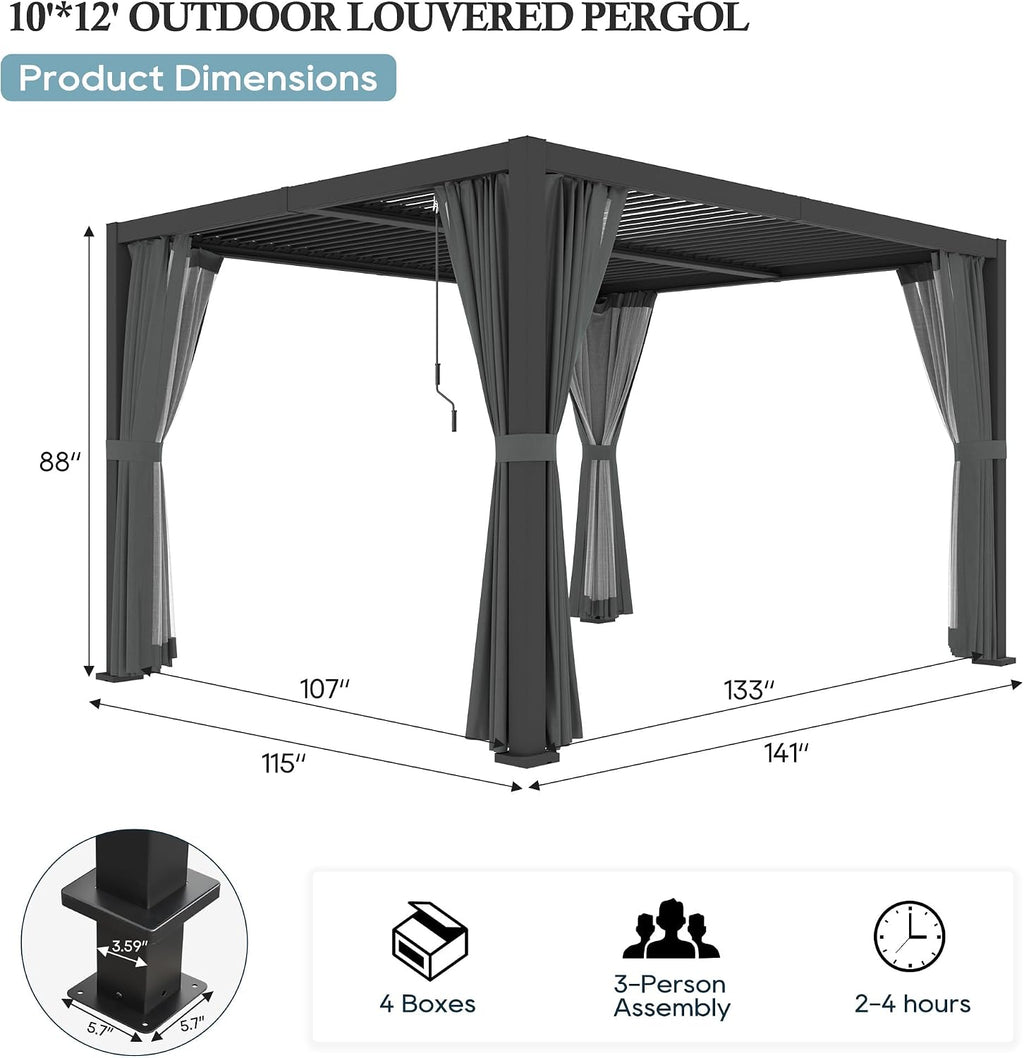 Outdoor Louvered Pergola 10'×12', Aluminum Louvered Pergola, Aluminum Outdoor Deck Gazebo with Adjustable Roof & Curtains, for Garden, Patio, Backyard, lawns, Beach (Black, 10' × 12' with Curtain)
