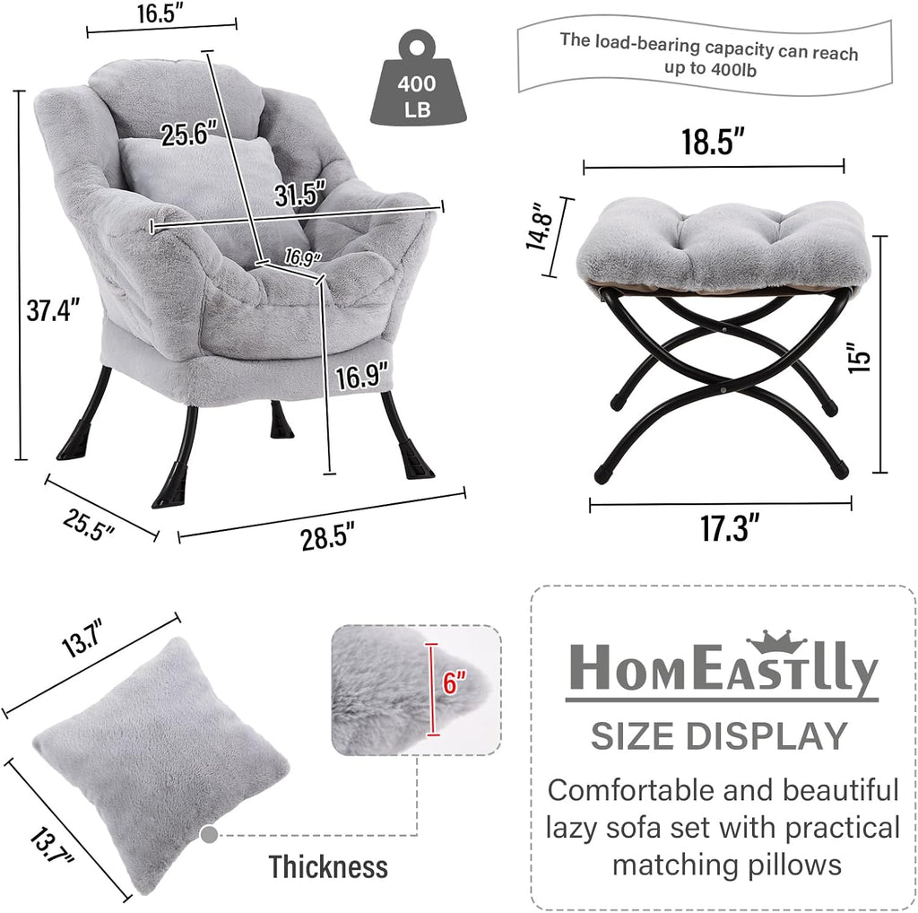 Lazy Chair with Ottoman, Large White Gray Lounge Accent Chair with Ottoman and FA Throw Pillow, Comfy Plush Reading Chair for Living Room Bedroom Dorm Room Office Apartment Relaxing Use