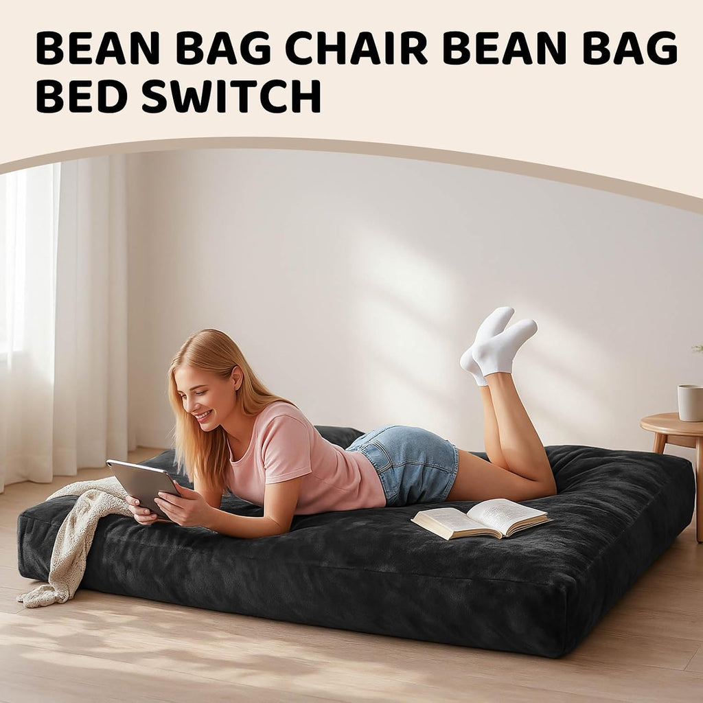 Adult Bean Bag Chair Bed, Bean Bag Sofa with Filling, Memory Foam, Comfortable Floor Sofa Bed, Boneless Floor Chair, Suitable for Living Room Bedroom Dormitory Balcony Lounge (Black, Chair Bed)