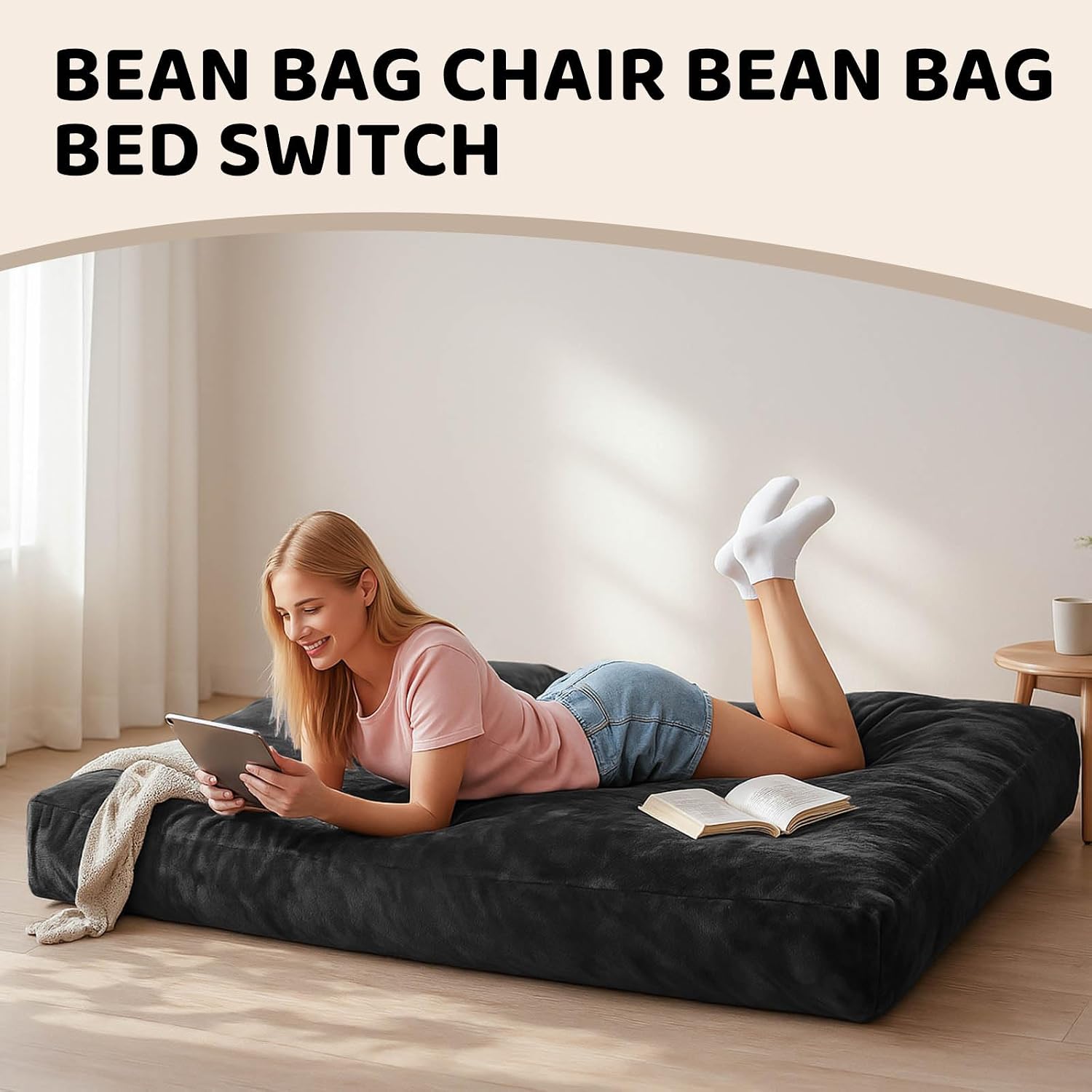 Adult Bean Bag Chair Bed, Bean Bag Sofa with Filling, Memory Foam, Comfortable Floor Sofa Bed, Boneless Floor Chair, Suitable for Living Room Bedroom Dormitory Balcony Lounge (Black, Chair Bed)