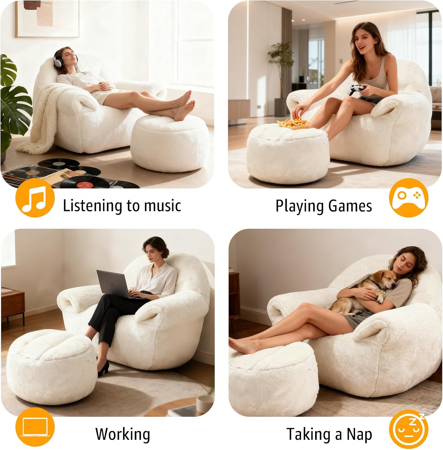 Large Bean Bag Chair with Ottoman, Giant Faux Fur Adult Bean Bag Sofa with Footrest, Ergonomic Lounge Couch for Bedroom, Living Room, Large Comfy Reading Chair Gaming (White, Single, Simple)