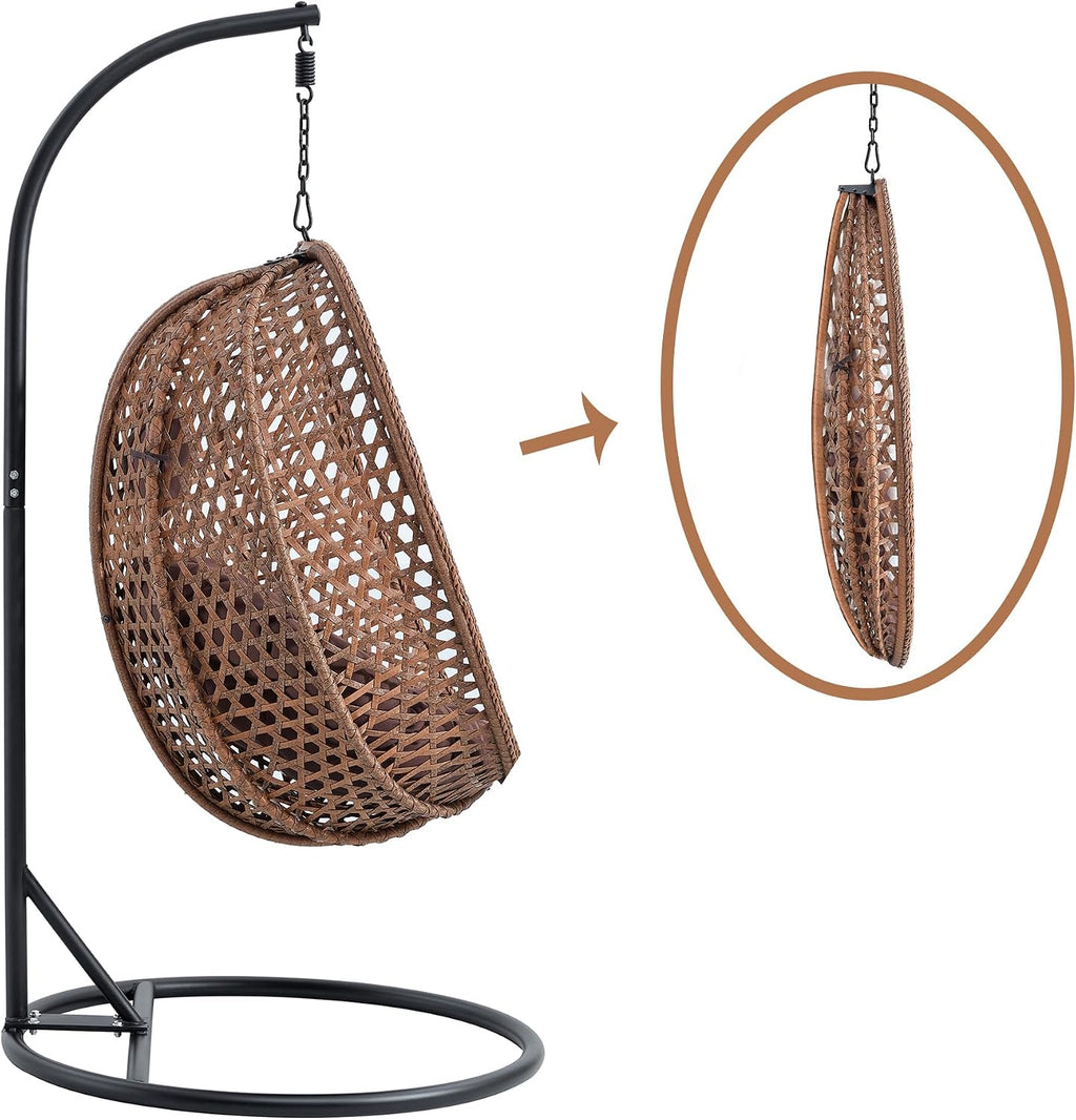 Swining Egg Chair with Stand,Wicker Rattan Hanging Egg Chairs, Patio Swing with UV Resistant Cushion, Outdoor Indoor Hanging with Foldable Basket & Metal Stand for Bedroom (Brown-S)