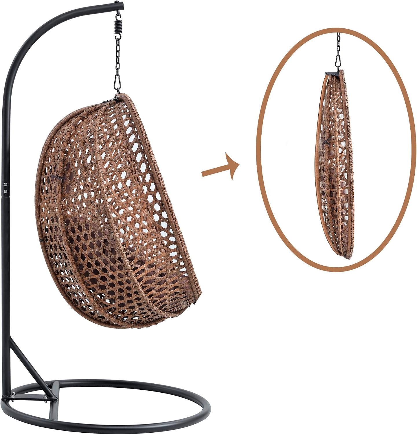 Swining Egg Chair with Stand,Wicker Rattan Hanging Egg Chairs, Patio Swing with UV Resistant Cushion, Outdoor Indoor Hanging with Foldable Basket & Metal Stand for Bedroom (Brown-S)