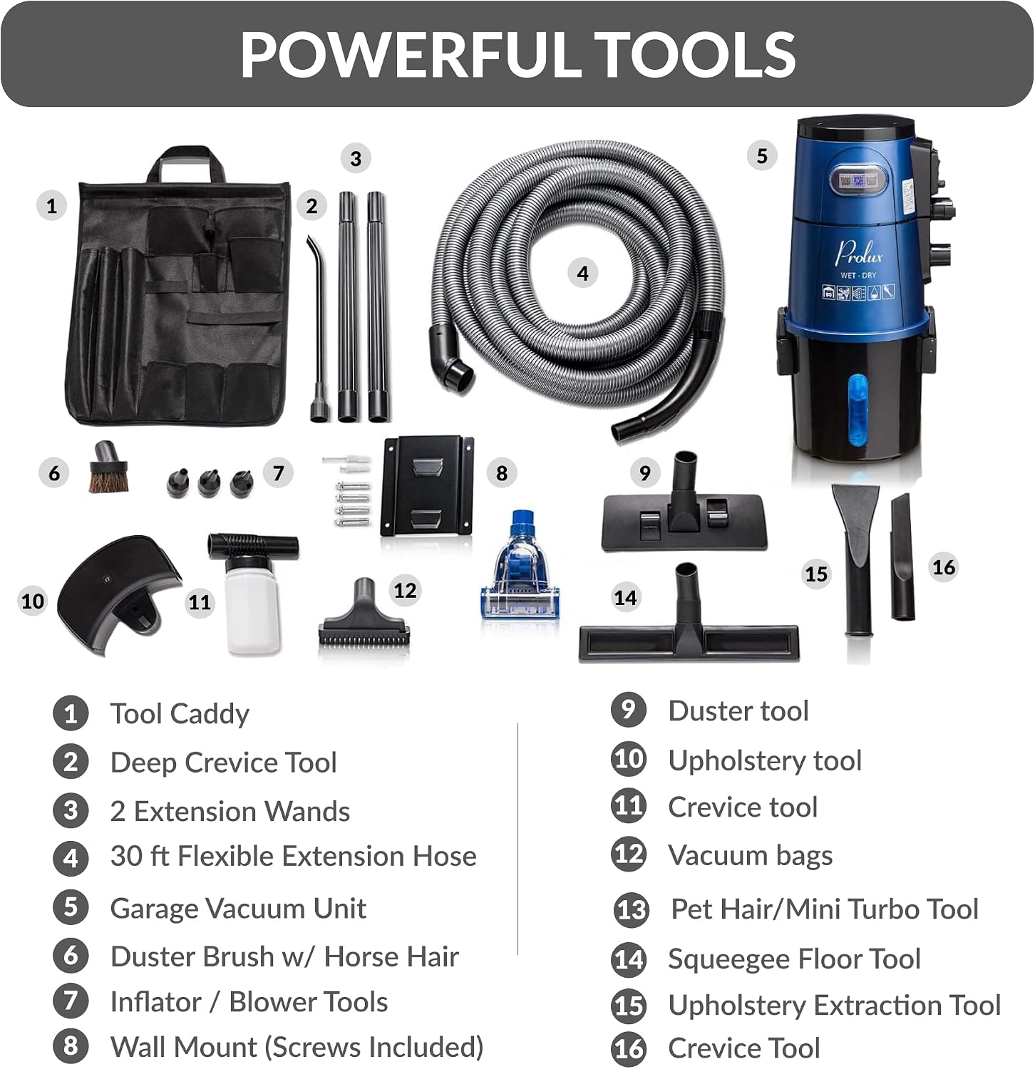 Prolux Professional Shop Blue Wall Mounted Garage Vac, Wet Dry Pick Up