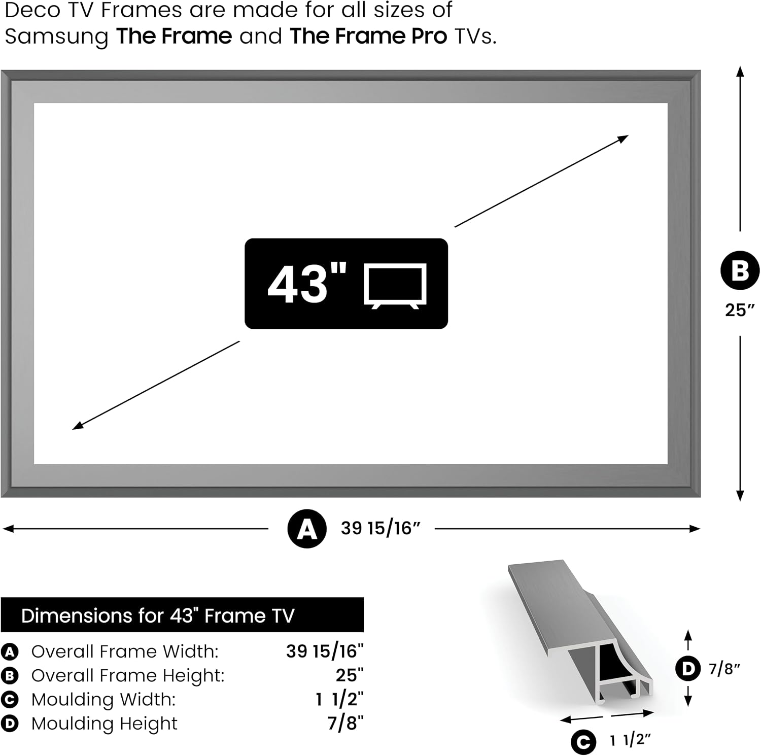 Graphite Scoop 43' Alloy Deco TV Frame - Compatible ONLY with Samsung The Frame TVs (Fits 2021-2026, LS03A, LS03B, LS03C, LS03D, LS03FA)