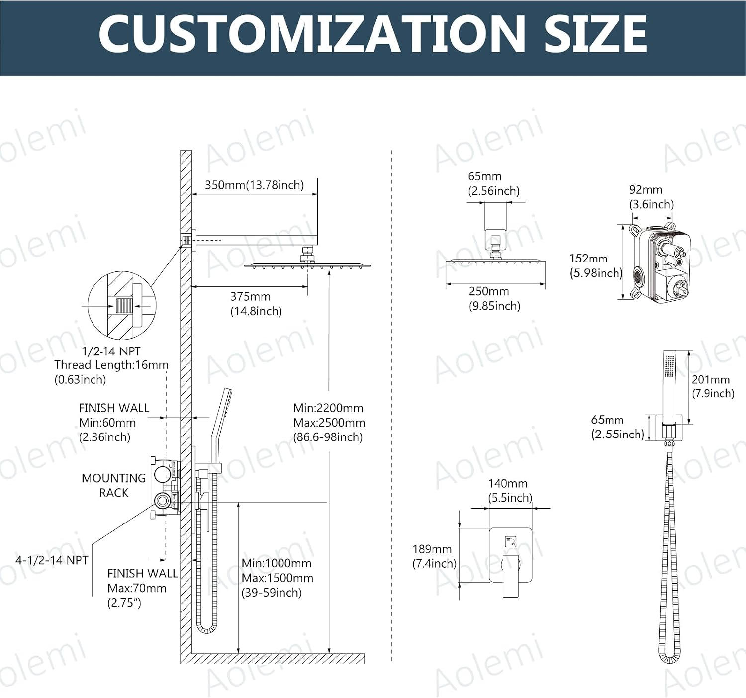 Aolemi Shower Faucet Set Rain Shower System with Handheld Spray Bathroom Shower Combo Rough-in Valve and Shower Trim Kit Included Matte Black 10 Inch Wall Mount Shower Head