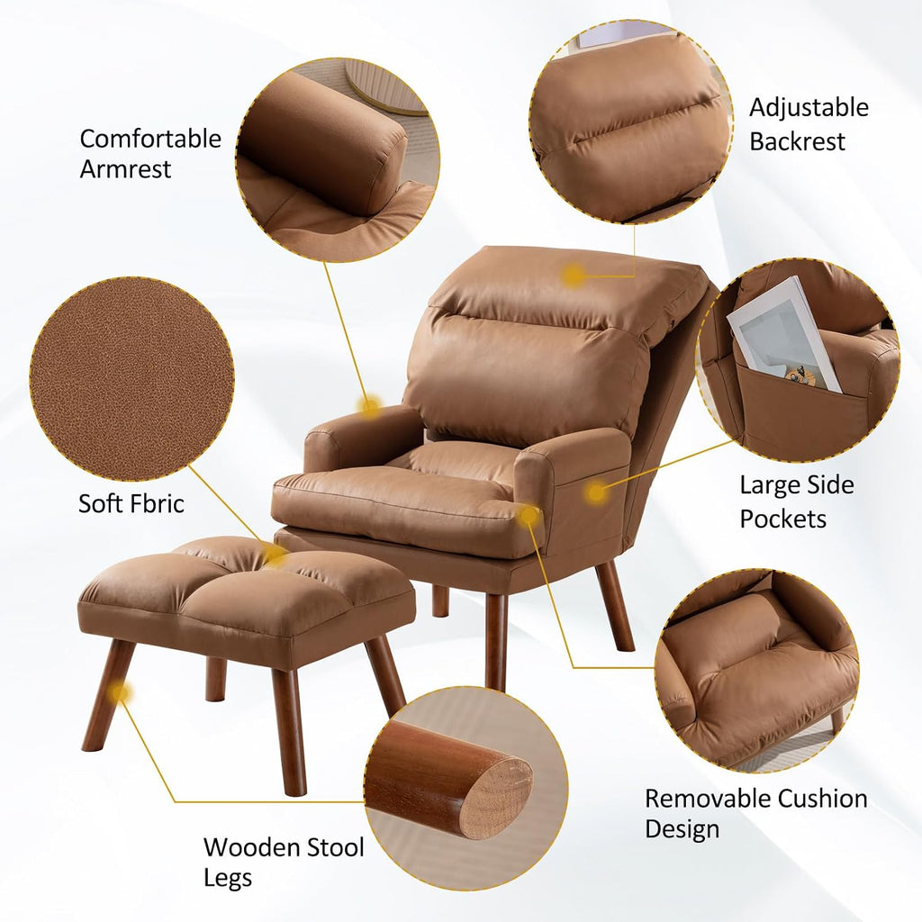 CANMOV Modern Accent Chair with Ottoman, Soft Fabric Armchair with Adjustable Backrest and Side Pockets, Comfy Lounge Chair for Living Room, Bedroom, Apartment, Office, Camel