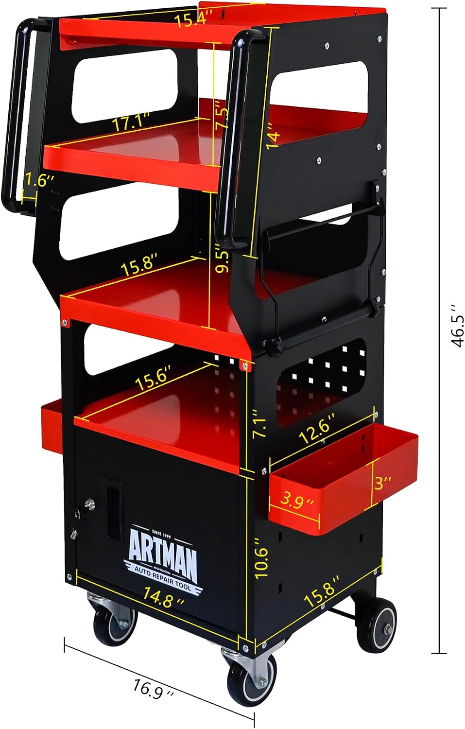 4-Level Multi-Purpose Trolley,Tool Cart on Wheels With Cabinet, Tool Chest Organizer, Diagnostic Trolley with 360°Locking Casters for Mechanics, Garage, Workshop. Service utility cart
