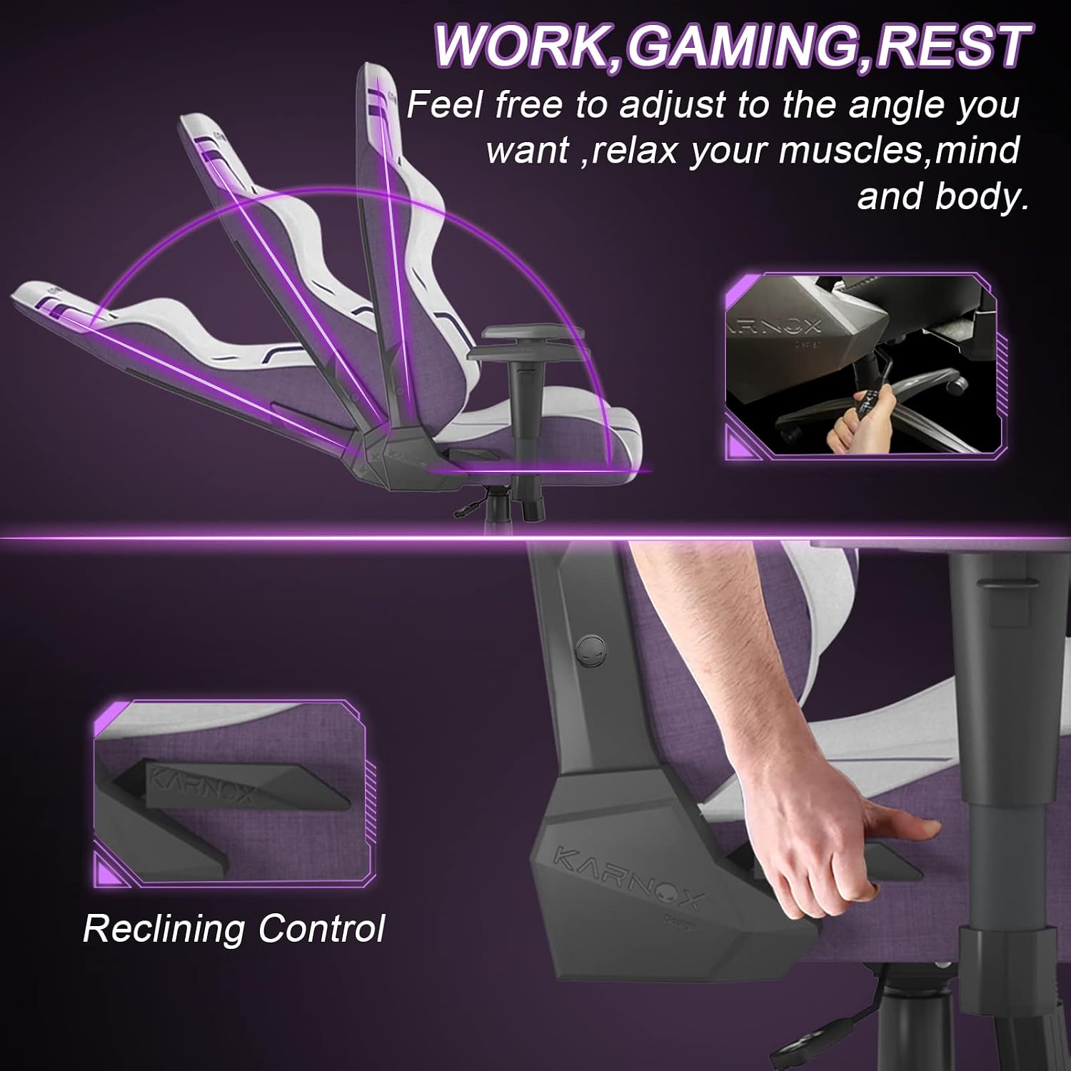 KARNOX Gaming Chair Ergonomic Computer Chair Lumbar Support Office Chair Adjustable Big Tall Reclining Desk PC Chair with Armrest and Headrest for Adults Comfortable Racing Chair (Purple)