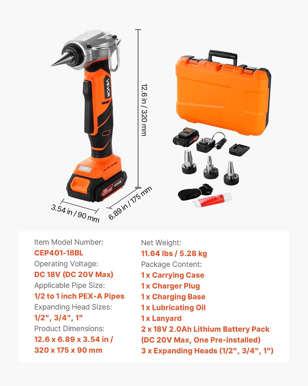 VEVOR Cordless Tube Expander, 20V Max Electric Tubing Expansion Tool for 1/2', 3/4', 1' PEX-A Pipes, 22000RPM Pipe Expander with 3 Expanding Head, 2pcs 2AH Battery, Fast Charger & Carrying Case