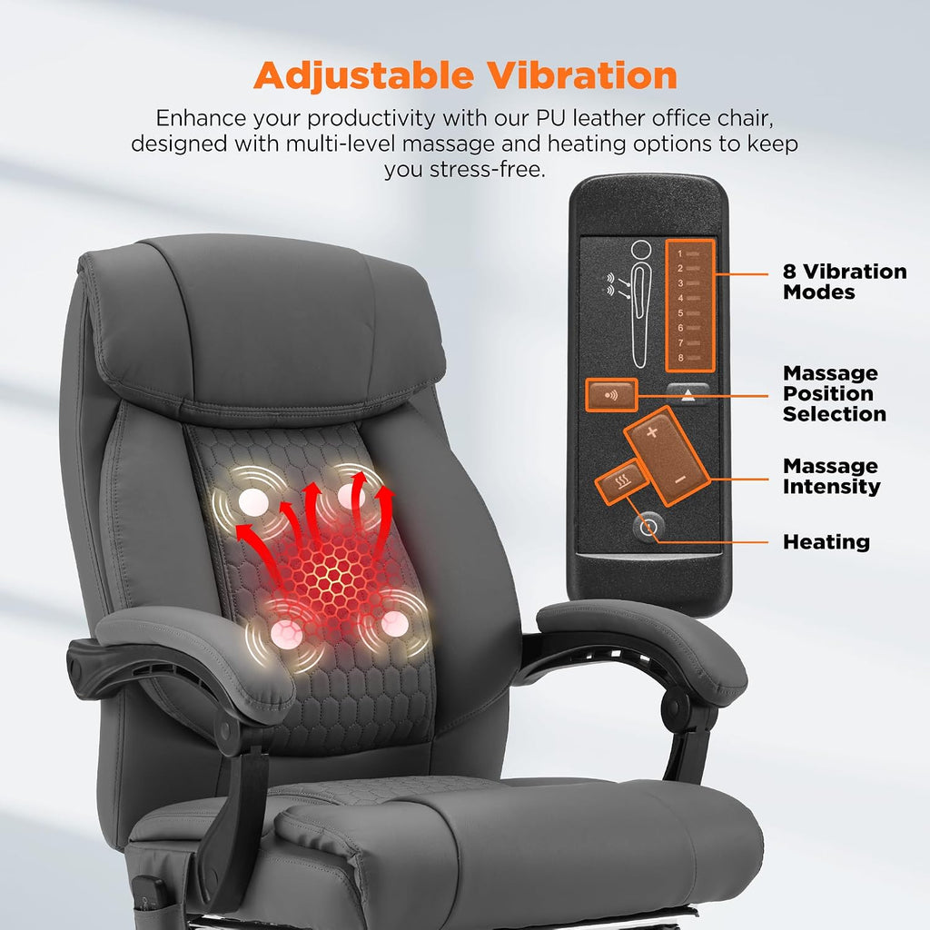 HOMREST 4-Point Massage Office Chair with Heating and Footrest, Reclining Executive Leather Desk Chair, Ergonomic Heated Managerial Chair for Home Office, Grey