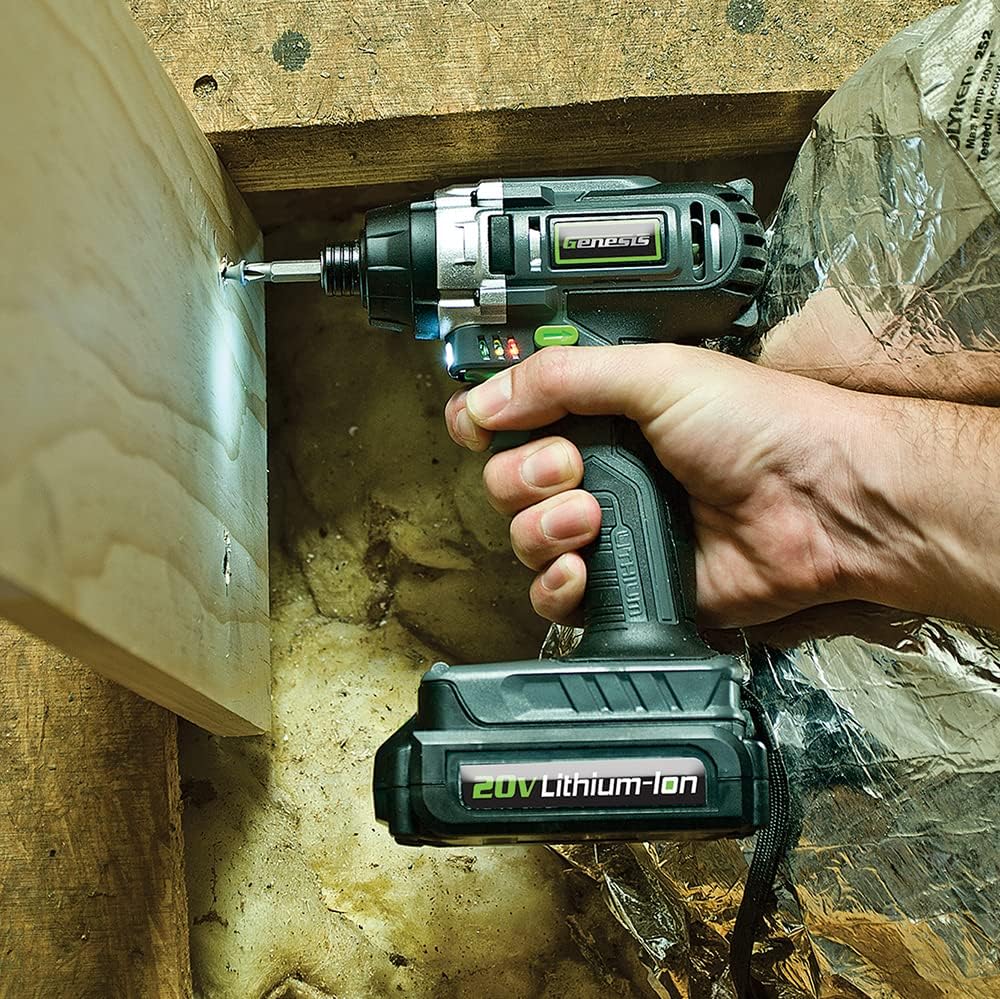 Genesis GL20DIDKA2 2-Piece 20V Lithium-ion Battery-Powered Cordless Variable Speed Drill Driver and Impact Driver Kit with LED Light, Electric Brake, Storage Bag, Charger, 2 Batteries, and Bit