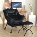 Lazy Chair with Ottoman, Modern Accent Chair with Lumbar Pillow, Velvet Black Sofa, Armchairs with Folding Footrest, Oversized Supportive Chairs for Bedroom, Reading