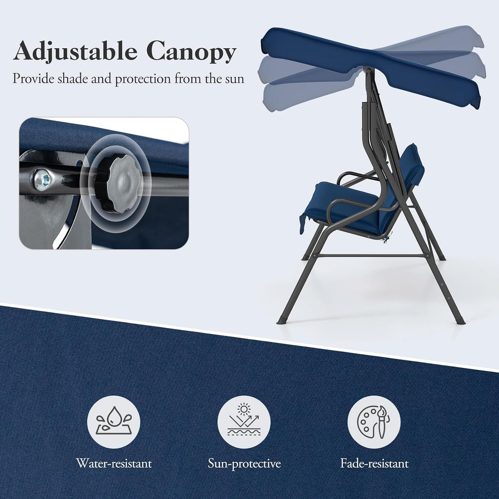 DREAMADE Porch Swing Outdoor, 3 Person Patio Swing w/Removable Cushion, Stand & Adjustable Canopy, Heavy Duty Swing Chair for Patio, Garden, Courtyard, Poolside