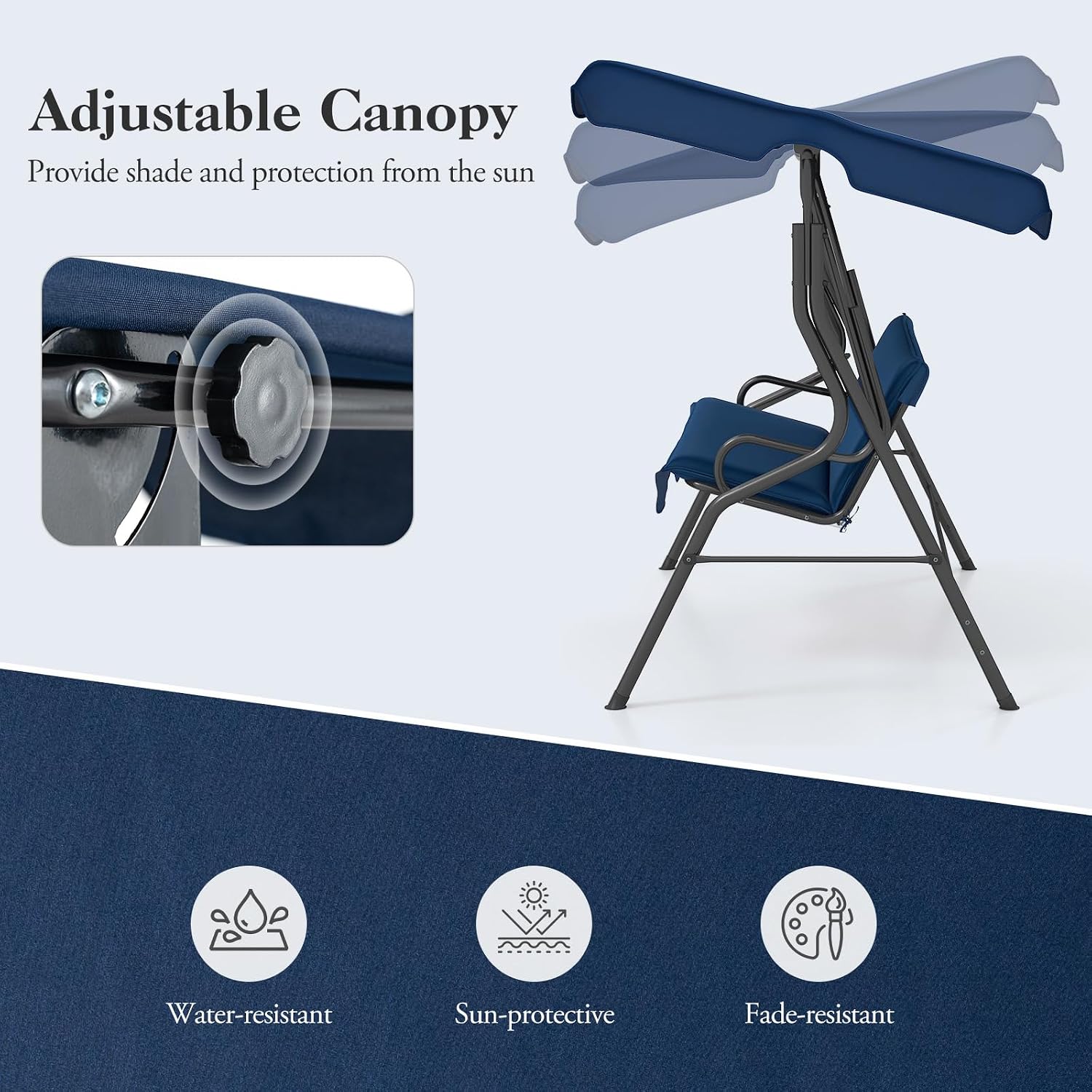 DREAMADE Porch Swing Outdoor, 3 Person Patio Swing w/Removable Cushion, Stand & Adjustable Canopy, Heavy Duty Swing Chair for Patio, Garden, Courtyard, Poolside