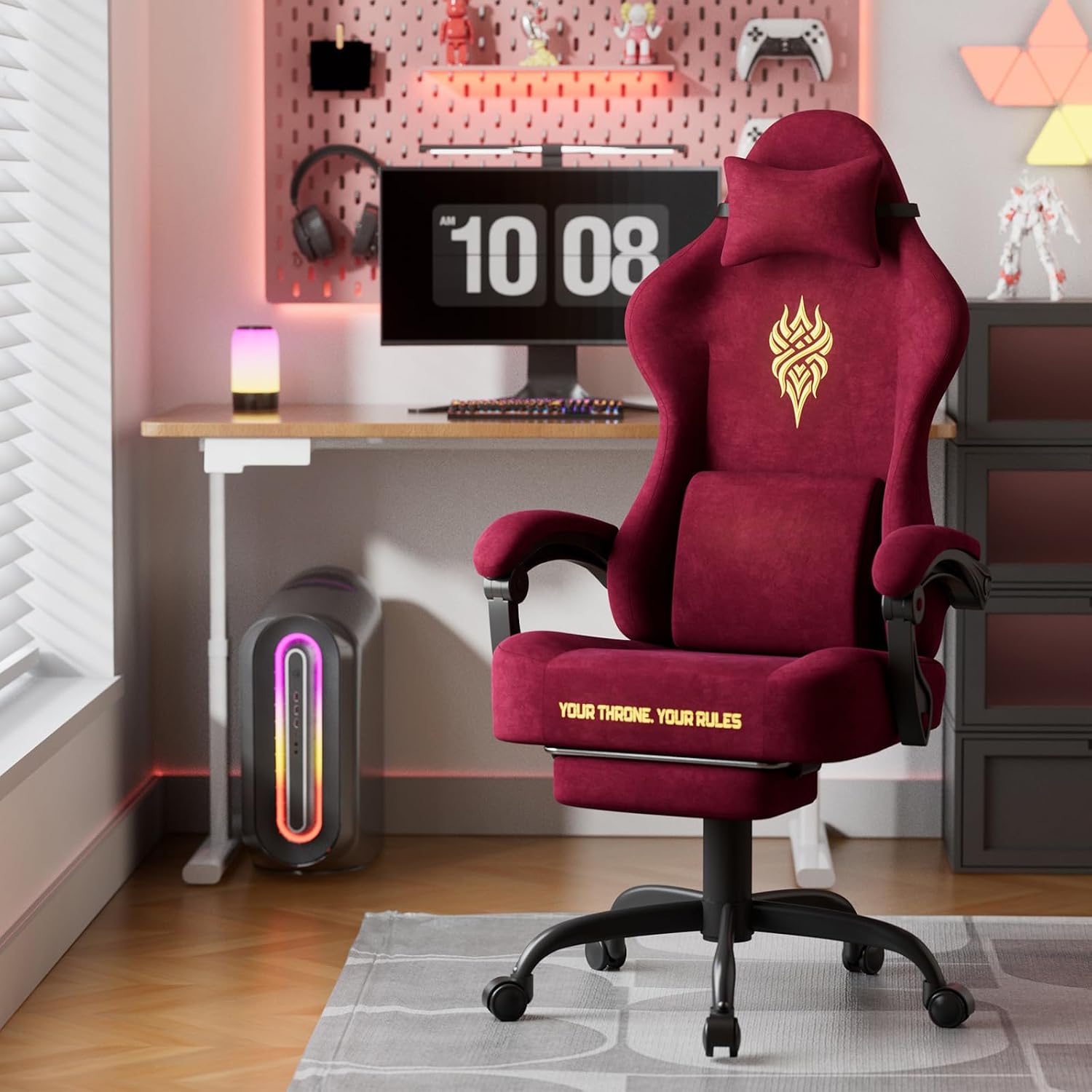 Ferghana Velvet Ergonomic Gaming Chair – High Back Design with Fire Embroidery, 20.5″ Wide Seat Cushion, Massage Lumbar Support & Footrest, Adult Computer Chair, Red