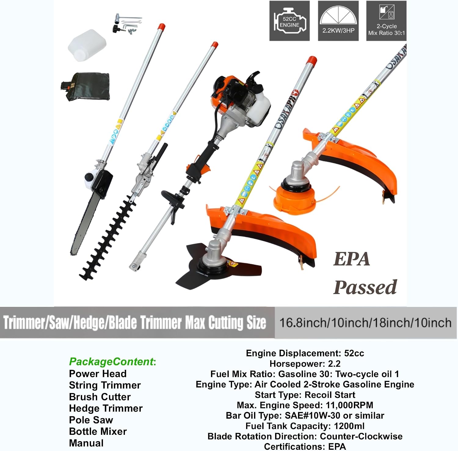 52cc 2-Cycle Gas Multi-Trimmer | 4-in-1 String Trimmer w/Rotatable Pole Saw, Weed Eater Weed Wacker, Brush Cutter & Hedge Trimmer Gas for Lawn, Yard, Garden Care, All-in-one Garden Tool