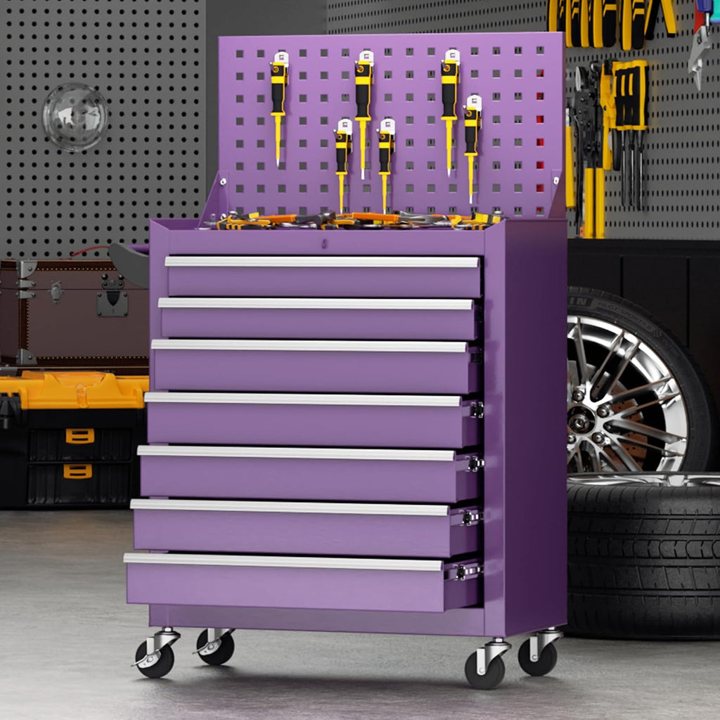 INTERGREAT 7 Drawers Rolling Tool Box with Pegboard,Portable Tool Chest with Wheels, Tool Box Organizer with Locking System for Garage(Purple)