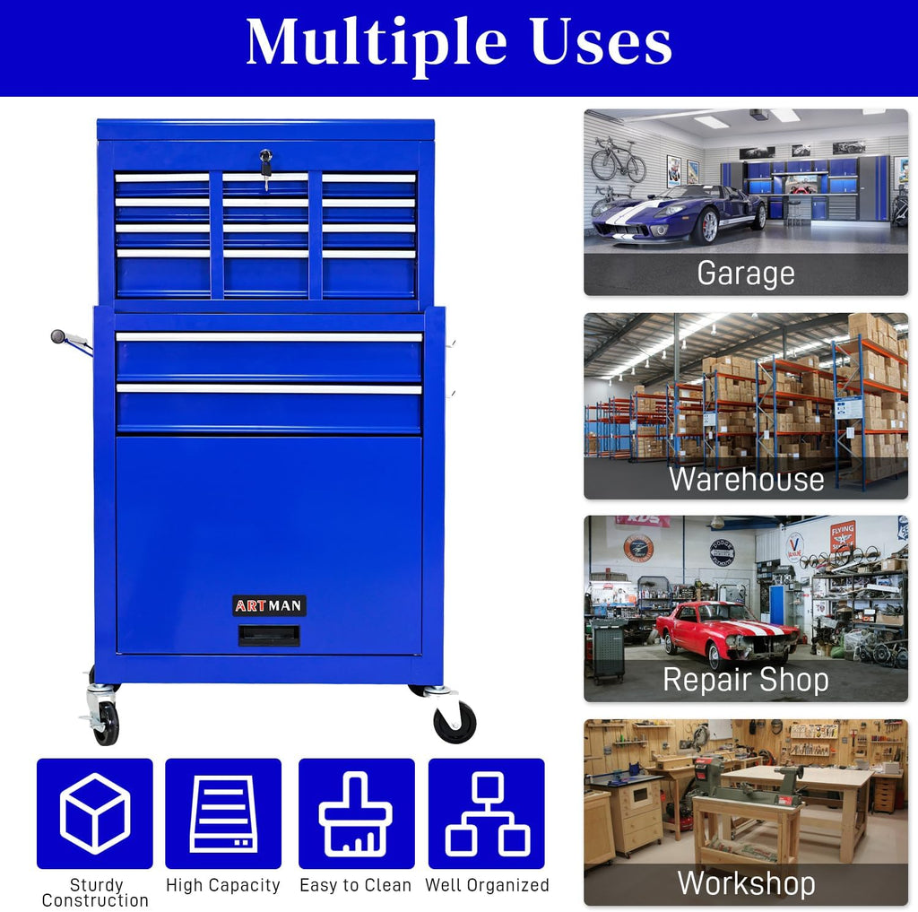 High Capacity Rolling Tool Chest with 8-Drawer Tool Box on Wheels Multifunctional Tool Cart Mechanic Tool Storage Cabinet for Garage, Warehouse, Workshop, Repair Shop (Blue)