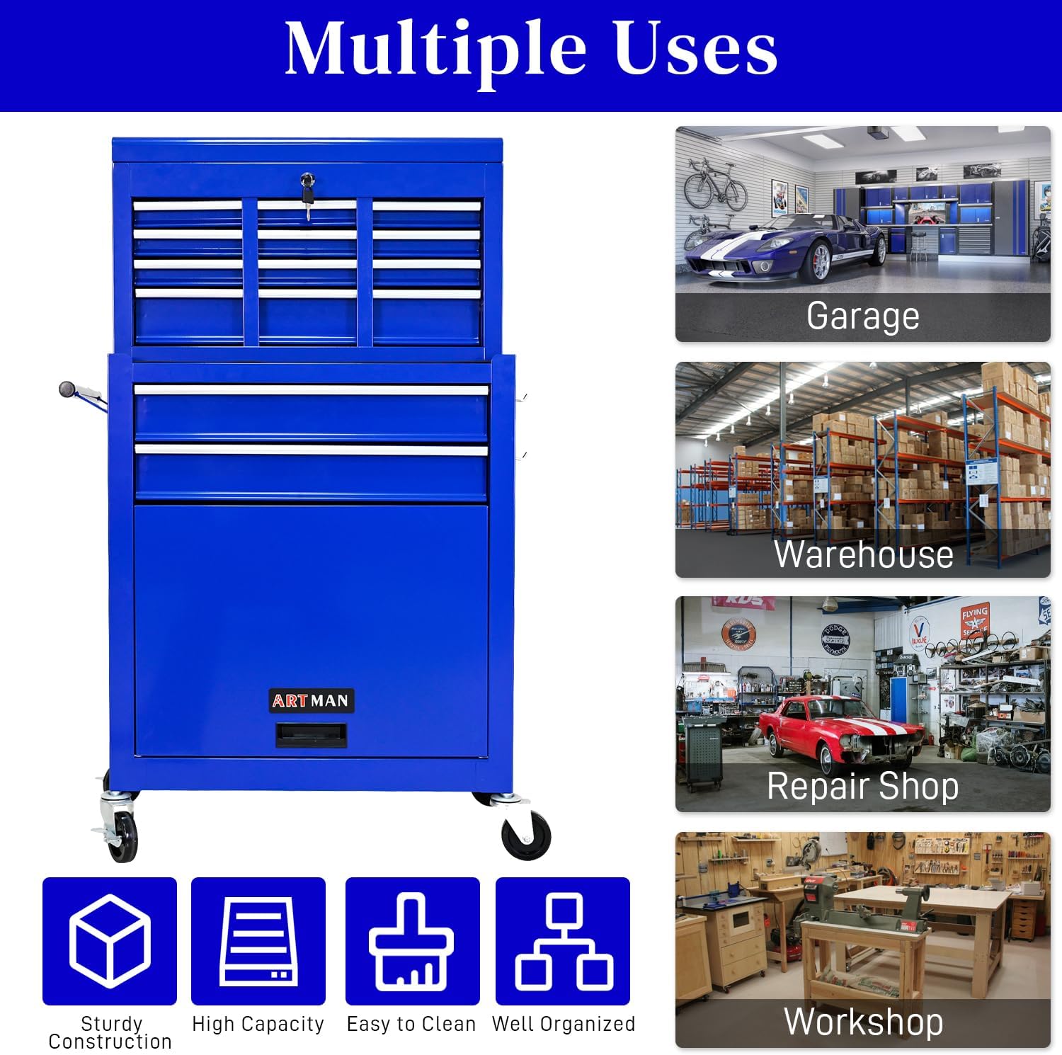 High Capacity Rolling Tool Chest with 8-Drawer Tool Box on Wheels Multifunctional Tool Cart Mechanic Tool Storage Cabinet for Garage, Warehouse, Workshop, Repair Shop (Blue)