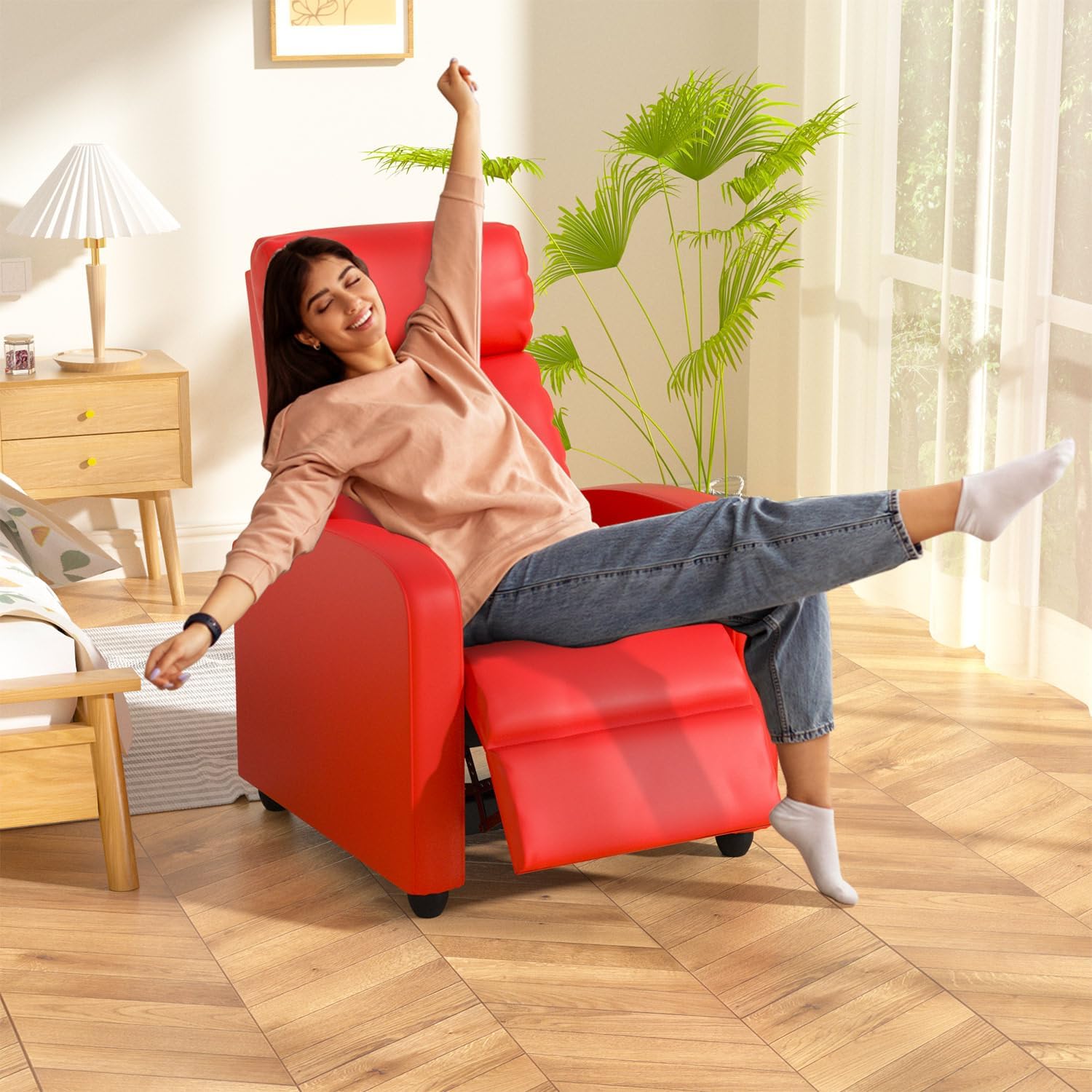 Massage Recliner Chair, Single Sofa Chair with Remote Control, Chair Recliner, Lazy Recliner Chair, Living Room Recliners with Pu Leather Padded Seat Backrest, Recliner Chairs for Adults, Red