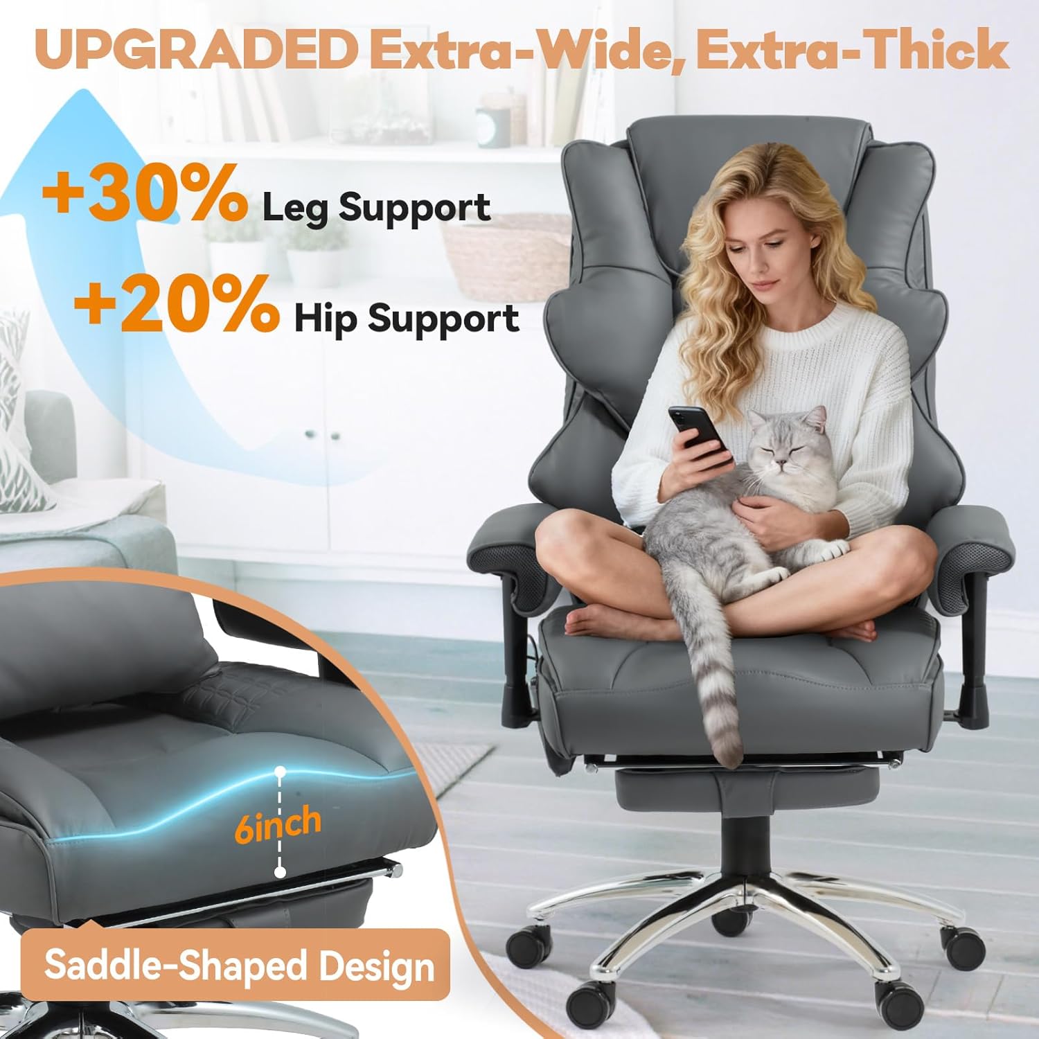 Massage Office Chair with Foot Rest, Ergonomic Executive Heated Office Chair with Reclining Backrest, Adjustable Arms and Lumbar Support, High Back Leather Desk Chairs for Home Office, Gray