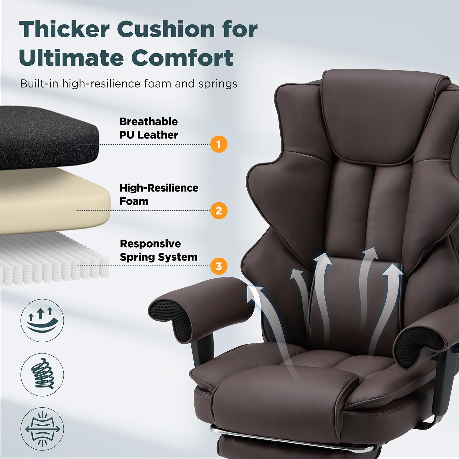 HOMREST Brown Ergonomic Office Chair with 6-Point Vibration Massage & Heat – Reclining Executive Chair with Adjustable Footrest and Armrests, PU Leather Big and Tall Home Office Desk Chair