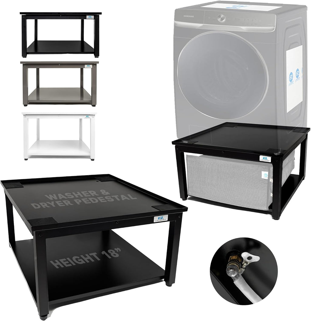 Washer and Dryer Pedestal - 24' W, 16' H, Black Steel Universal Fit with Major Brands, Leak-Proof Laundry Pedestal with Drain Pan & Hose, Washer and Dryer Stand for Back Pain Relief, 800 lbs Capacity
