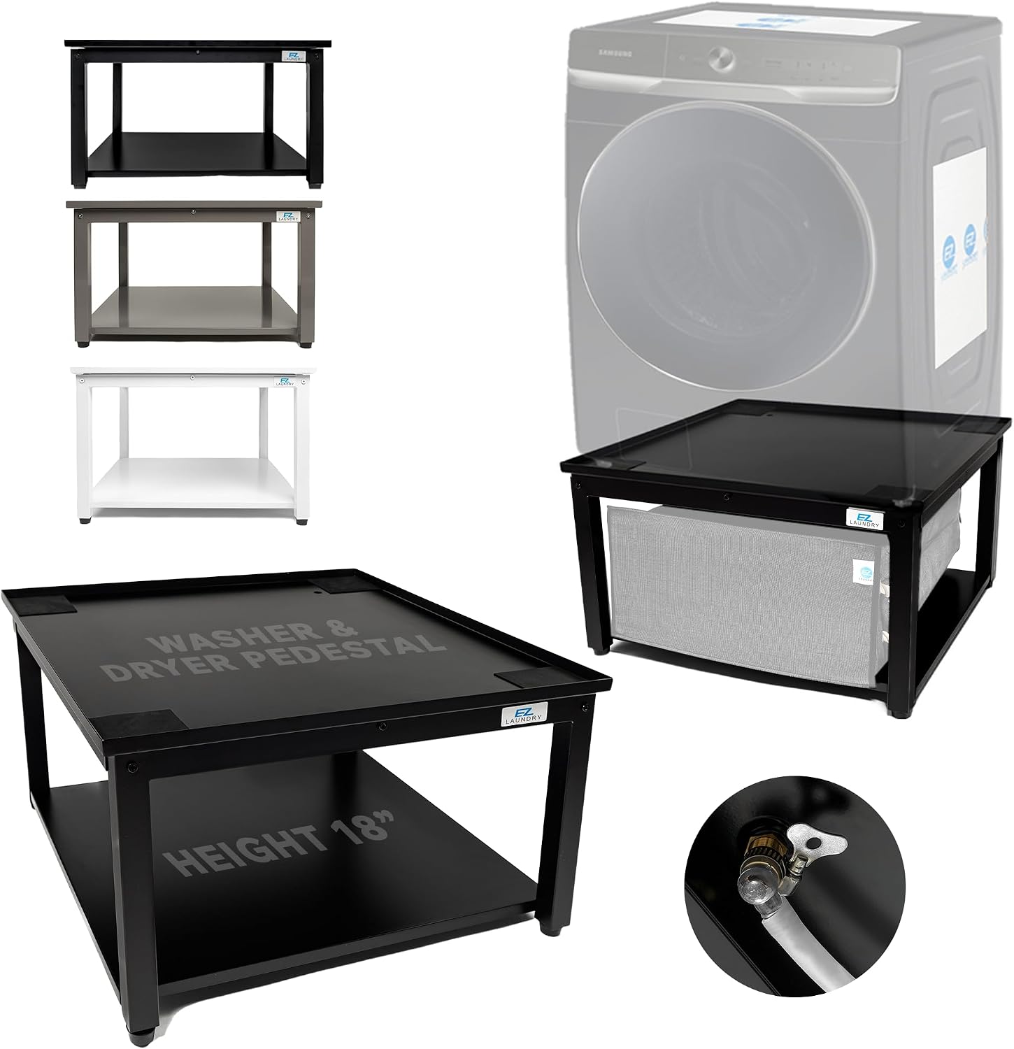 Washer and Dryer Pedestal - 24' W, 16' H, Black Steel Universal Fit with Major Brands, Leak-Proof Laundry Pedestal with Drain Pan & Hose, Washer and Dryer Stand for Back Pain Relief, 800 lbs Capacity