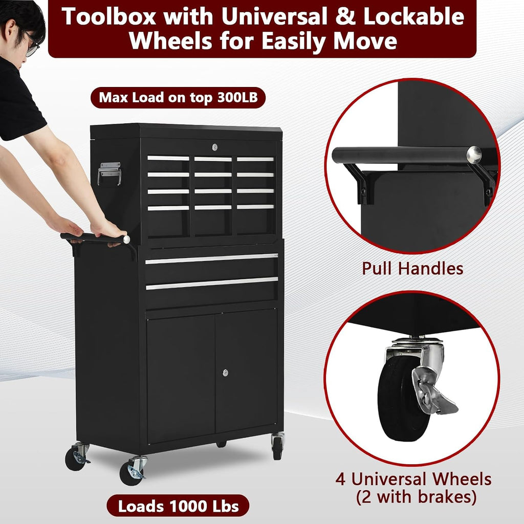 Towallmark 8-Drawer Rolling Tool Chest, 2-in-1 High Capacity Removable Cabinet Storage Tool Box with Wheels and Drawers, Detachable Toolbox with Lock for Workshop Mechanics Garage (Black)