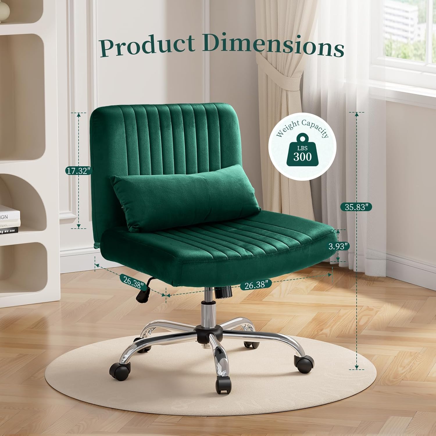 Warmiehomy Velvet Criss Cross Office Chair with Wheels, Luxury Cross Legged Desk Chair for Bedroom, Armless Wide Seat Computer Chair, Modern Vanity Chair, Gift for Teens & Girlfriend, Emerald Green