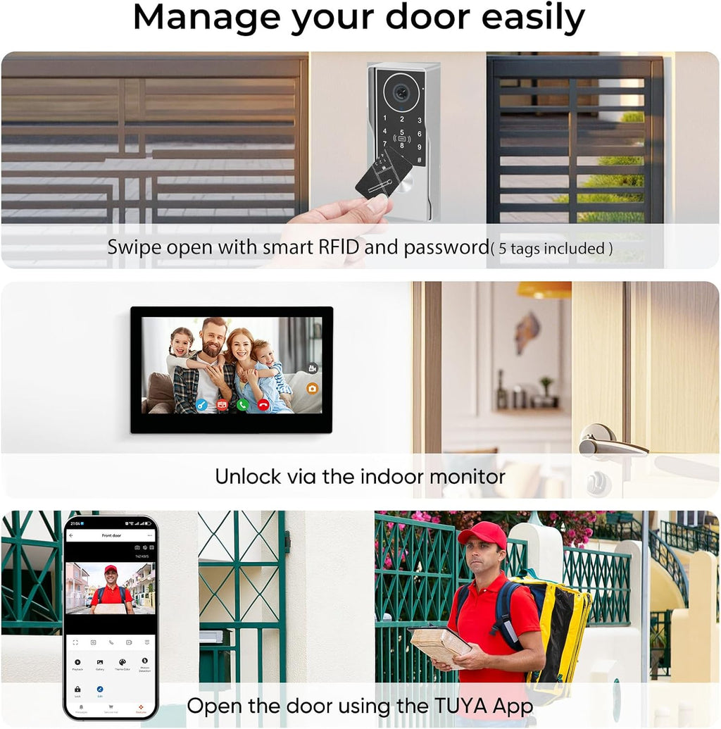 2-Wired key pad Video Intercom System with keypad,doorbell with monitor Dual 7'' Touch Screen, 1080P HD Camera, Passcodes Unlock, Night Vision, Tuya app, Waterproof, for Front Gate Apartment Home