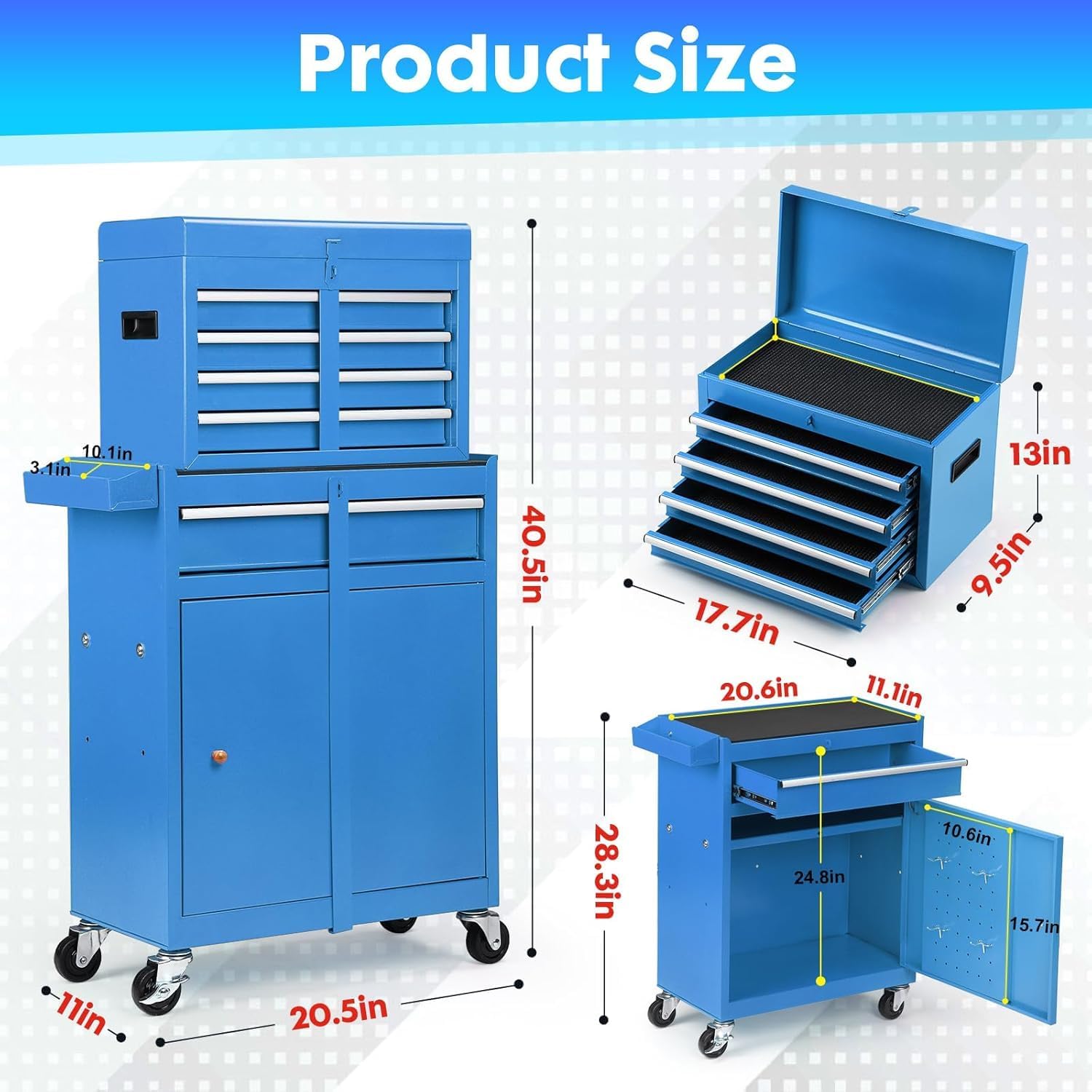 5 Drawers Rolling Tool Chest, 2-in-1 Detachable Metal Tool Storage Cabinet with Wheels, Lockable Tool Cart with Hooks for Garage, Workshop or Salon Use, Blue