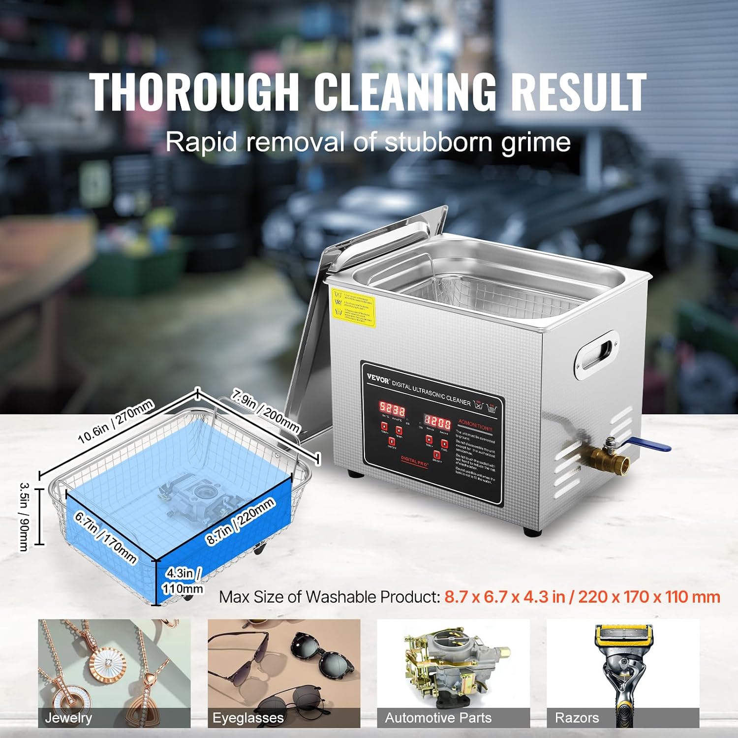 VEVOR Ultrasonic Cleaning with Digital Timer & Heater, Professional Ultra Sonic Jewelry Cleaner, Stainless Steel Heated Cleaning Machine for Glasses Watch Rings Small Parts Circuit Board (10L)