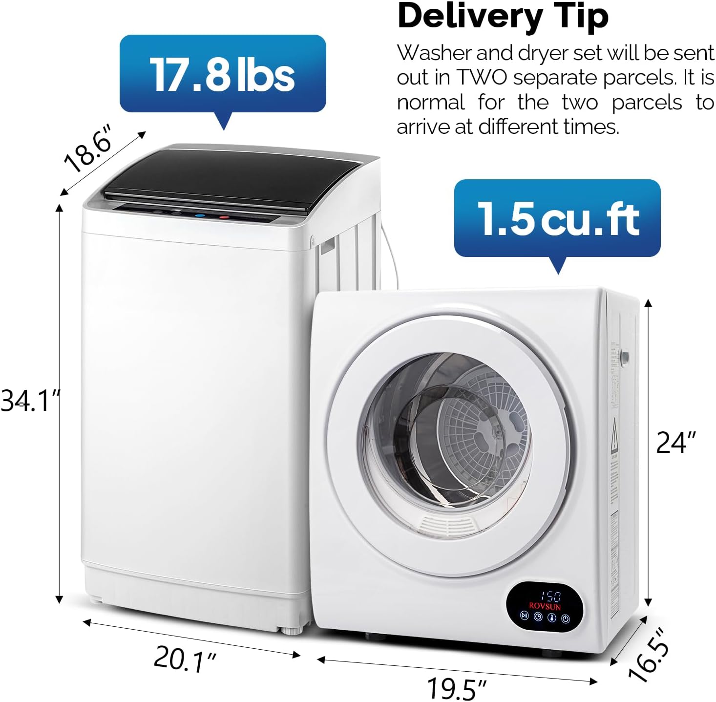 ROVSUN 1.5CuFt Portable Clothes Dryer and 17.8LBS Full-Automatic Washing Machine Set, Compact Laundry Washer and Dryer Combo Set with Stainless Steel Inner Tub, for Apartment, Dorms, Home