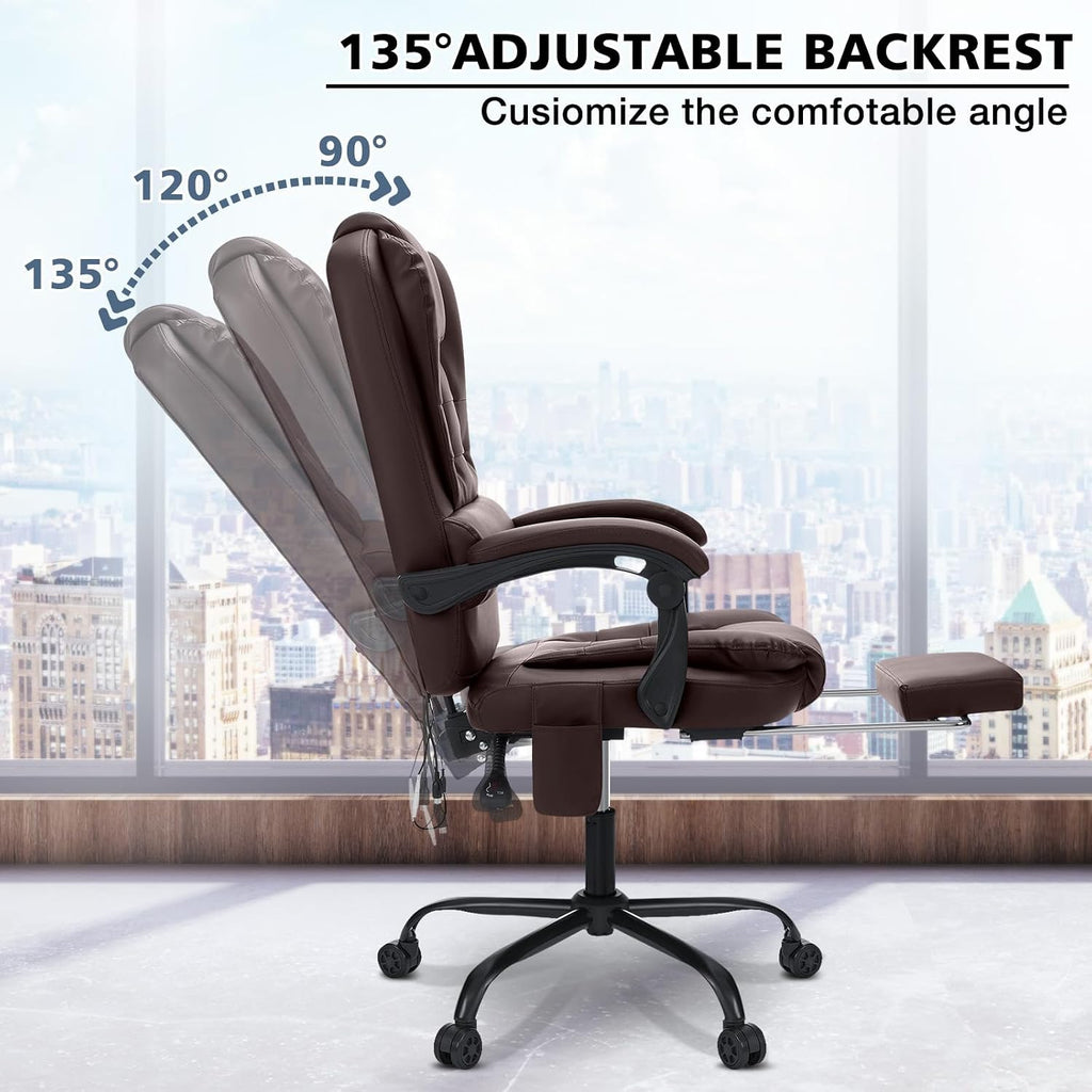 HOFFREE Massage Office Chair with Foot Rest 7 Points Vibration Ergonomic Executive Desk Chair Leather Computer Office Chair Brown