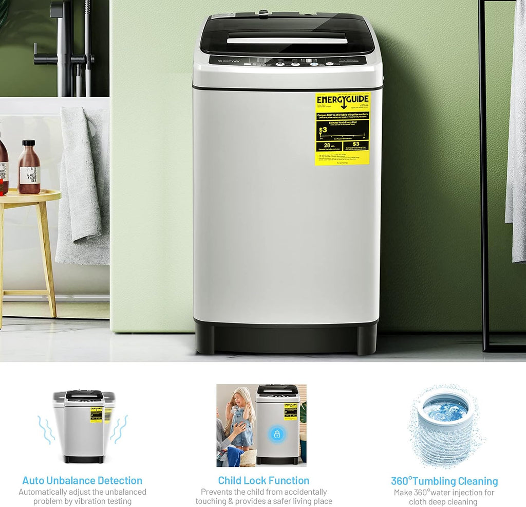 COSTWAY Portable Washing Machine, 11Lbs Capacity Full-automatic Washer with 8 Wash Programs, LED Display, 10 Water Levels, Compact Laundry Washer and Spinner Combo for Apartment Dorm, Grey