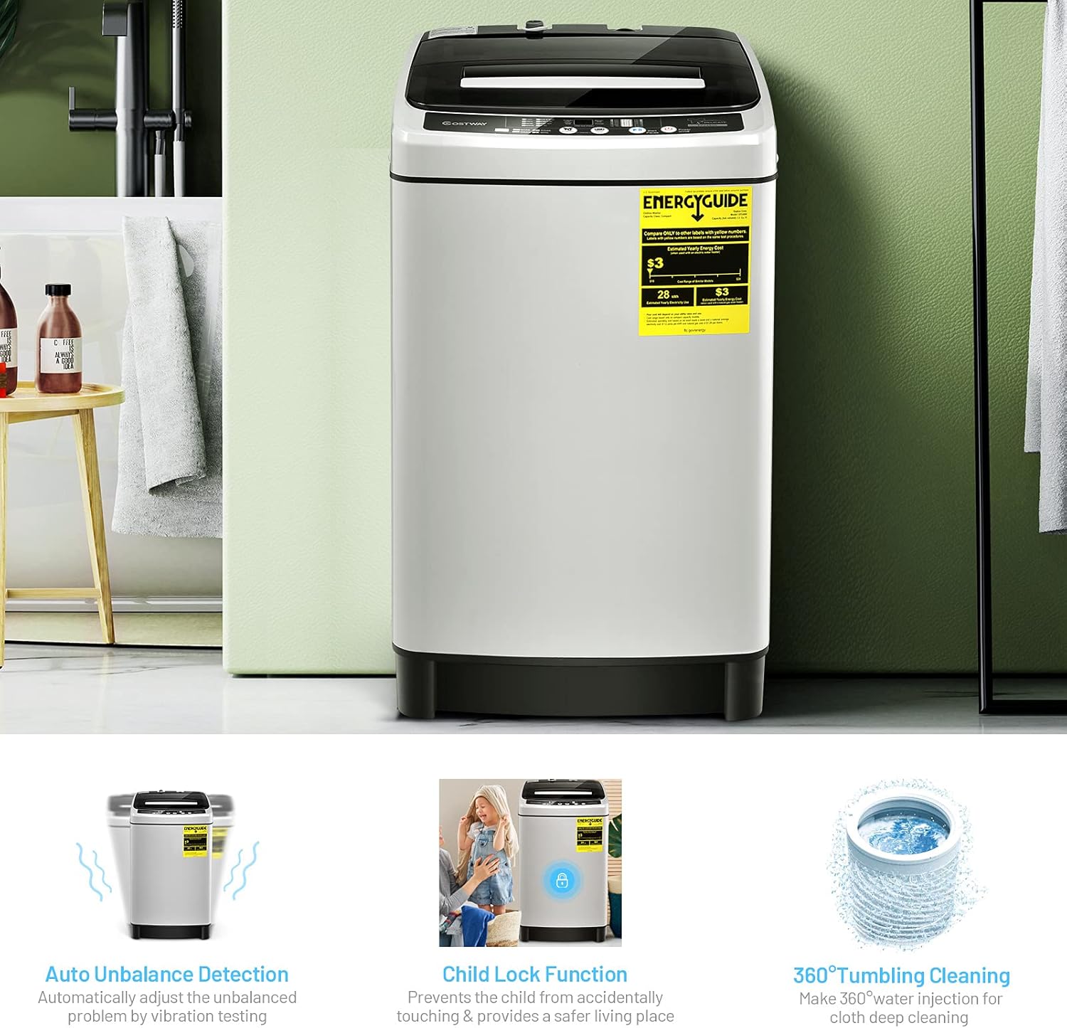 COSTWAY Portable Washing Machine, 11Lbs Capacity Full-automatic Washer with 8 Wash Programs, LED Display, 10 Water Levels, Compact Laundry Washer and Spinner Combo for Apartment Dorm, Grey
