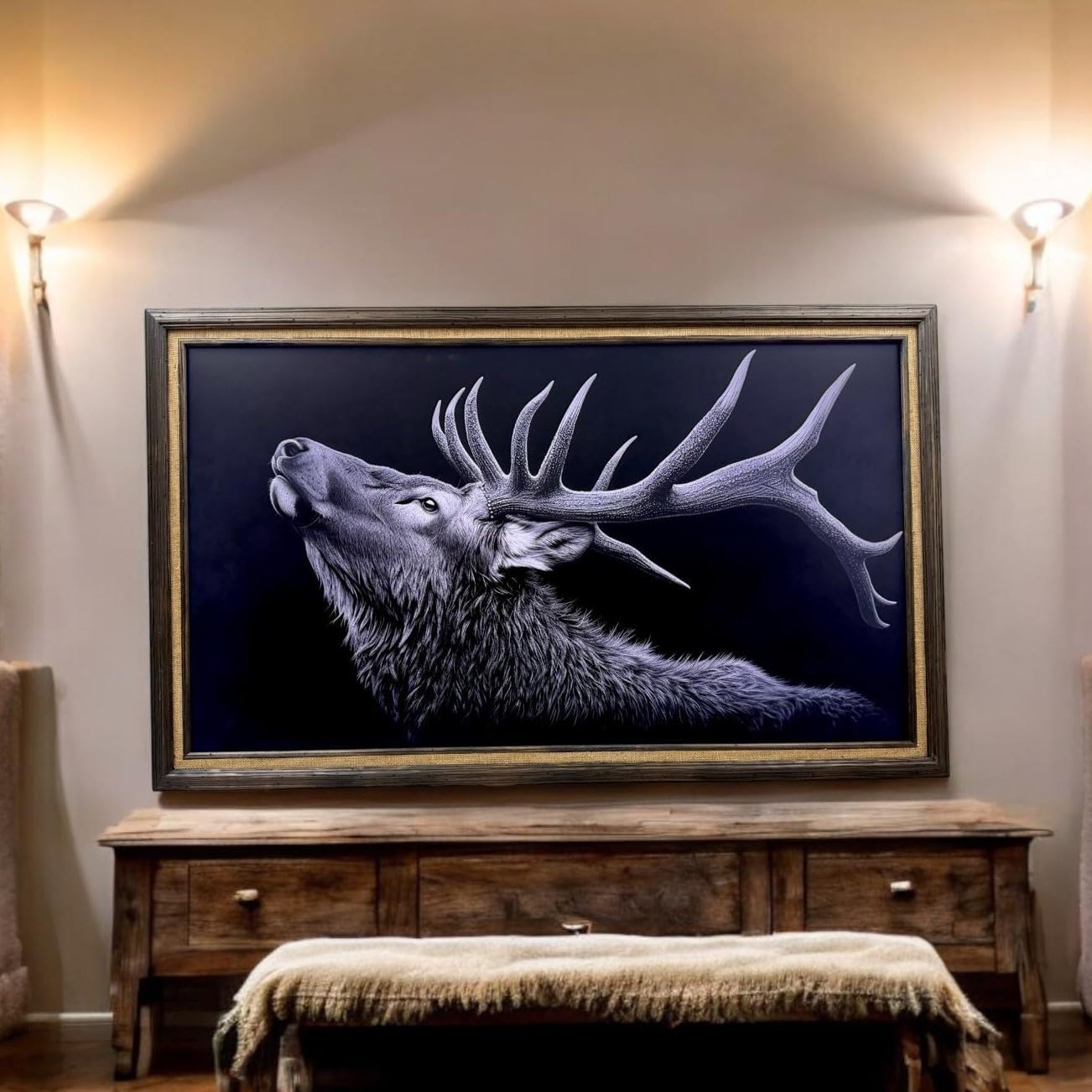 32, 43, 50 & 55 Inch Handmade wood ornate TV Frame for Samsung The Frame TV, Rustic Dark Wood Stain with Burlap fabric liner (not for use with other models) (43 INCH)