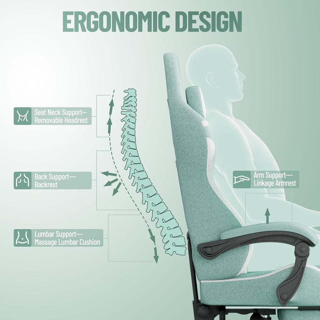 Ferghana Gaming Chair, Cloth Fabric Ergonomic Computer Chair with Massage Lumbar Support, High Back Office Game Chair with Footrest and Linkage Armrest for Adult, Green/White