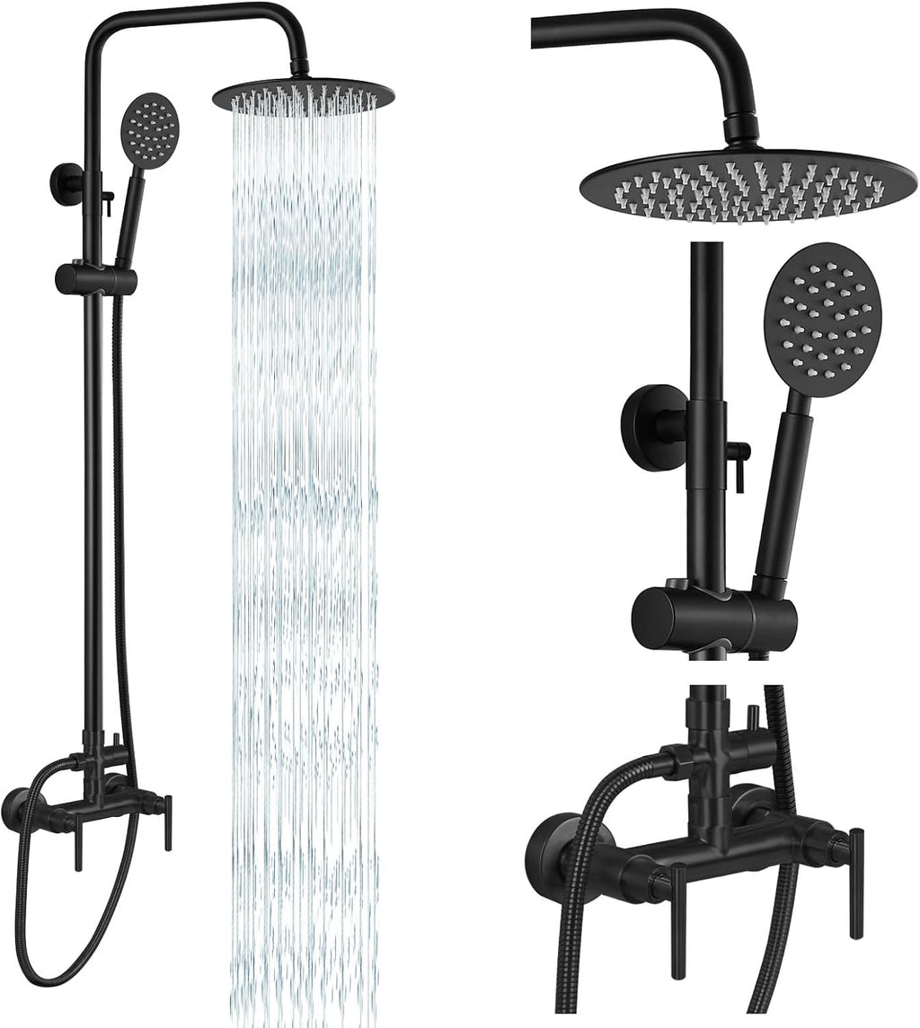 gotonovo SUS304 Outdoor Shower Fixture High Pressure Shower System Combo Wall Mount 2 Dual Function Shower Faucet Set Round Handheld Spray Matte Black Double Lever Handle