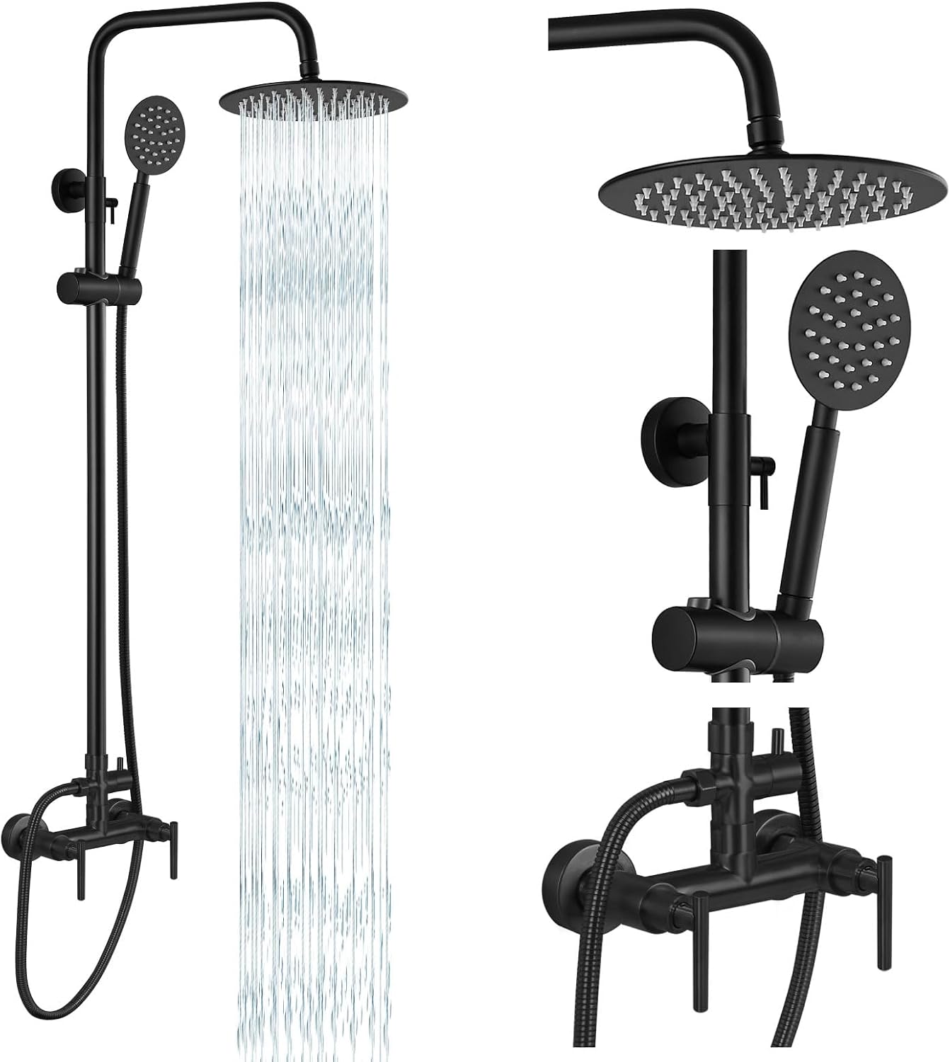 gotonovo SUS304 Outdoor Shower Fixture High Pressure Shower System Combo Wall Mount 2 Dual Function Shower Faucet Set Round Handheld Spray Matte Black Double Lever Handle
