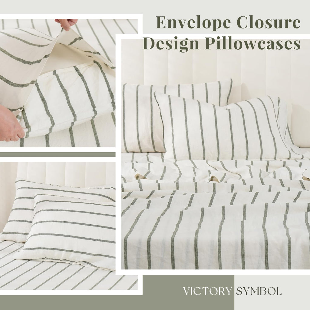 S VICTORY SYMBOL 100% Organic Linen Sheets Set Striped,Yarn Dyed Green Vertical Stripe Bed Sheets King Size,French Natural Flax Bedding Set 4pcs